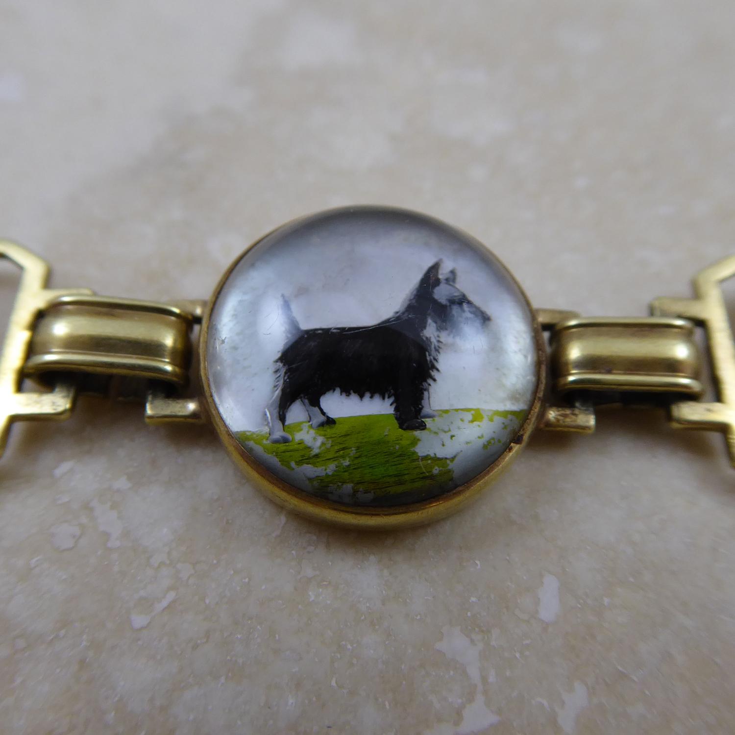 1930's/1940's Art Deco Scotty Dog Bracelet with Domed Crystal Links, Yellow Gold 2