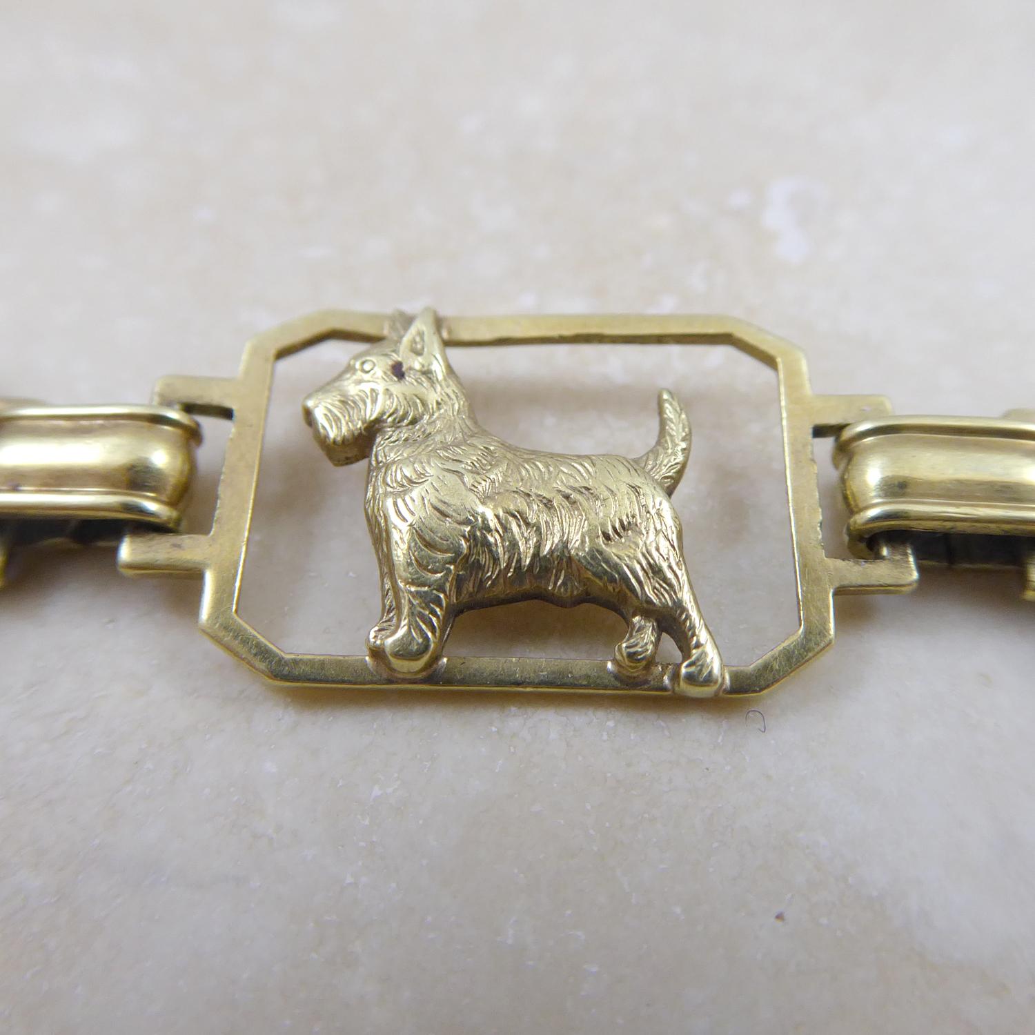 1930's/1940's Art Deco Scotty Dog Bracelet with Domed Crystal Links, Yellow Gold 3
