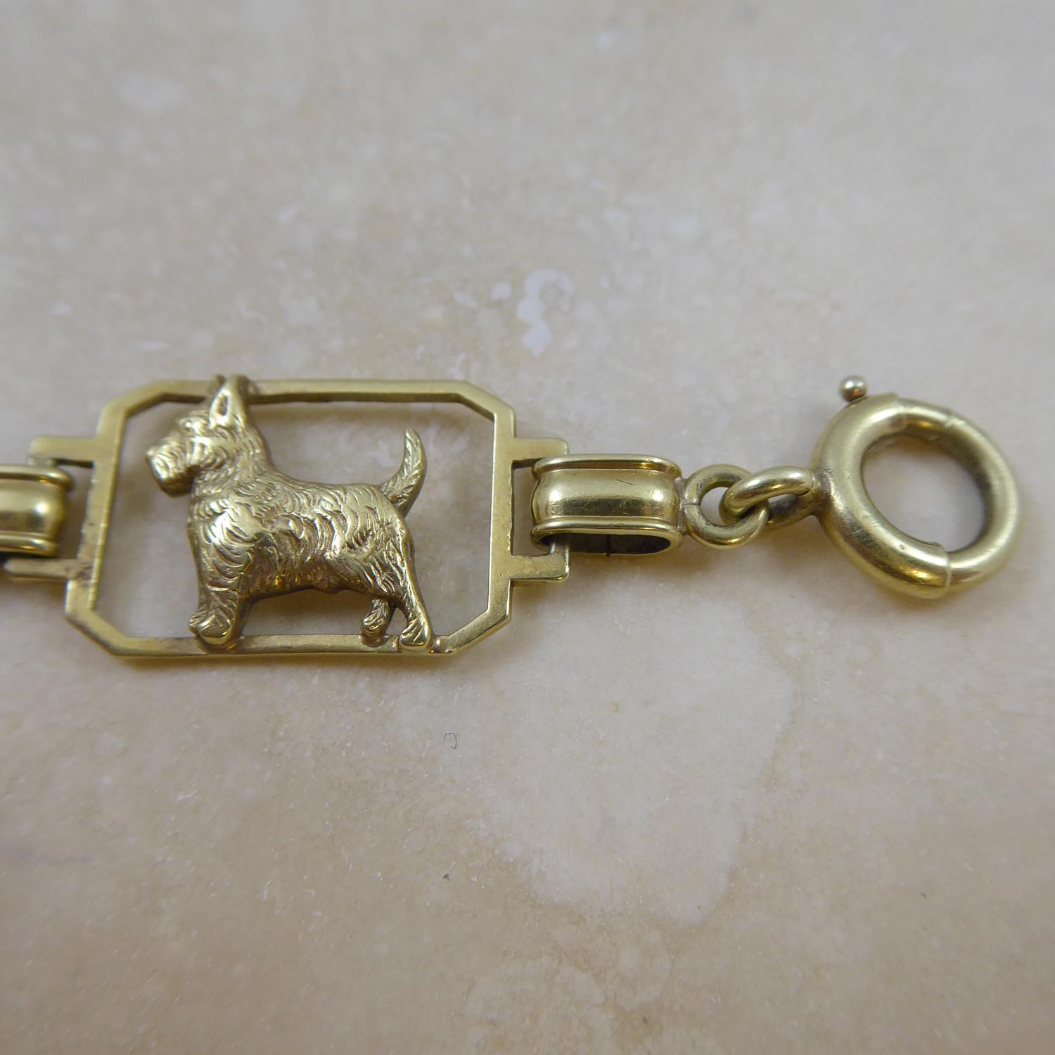1930's/1940's Art Deco Scotty Dog Bracelet with Domed Crystal Links, Yellow Gold 4