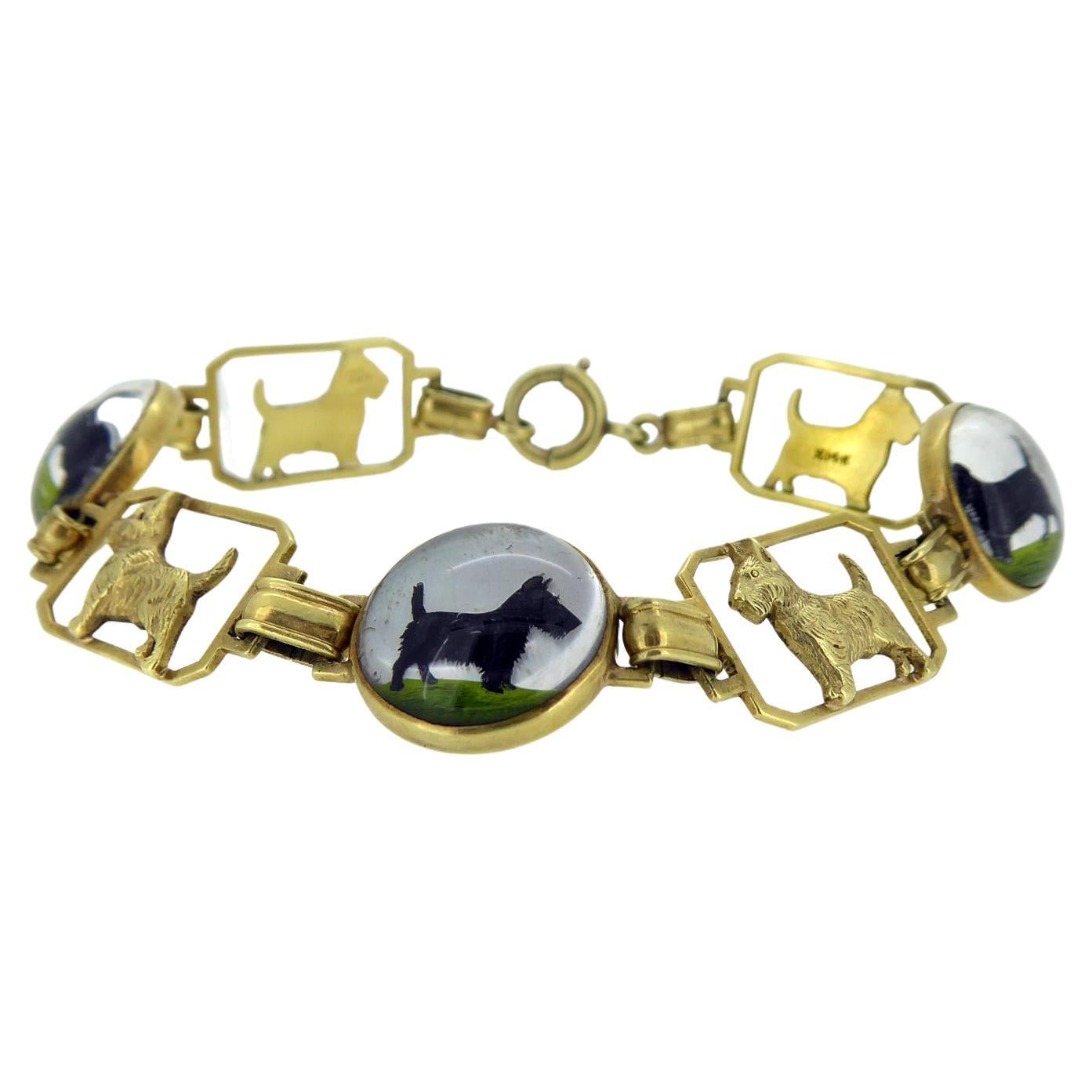 1930's/1940's Art Deco Scotty Dog Bracelet with Domed Crystal Links, Yellow Gold