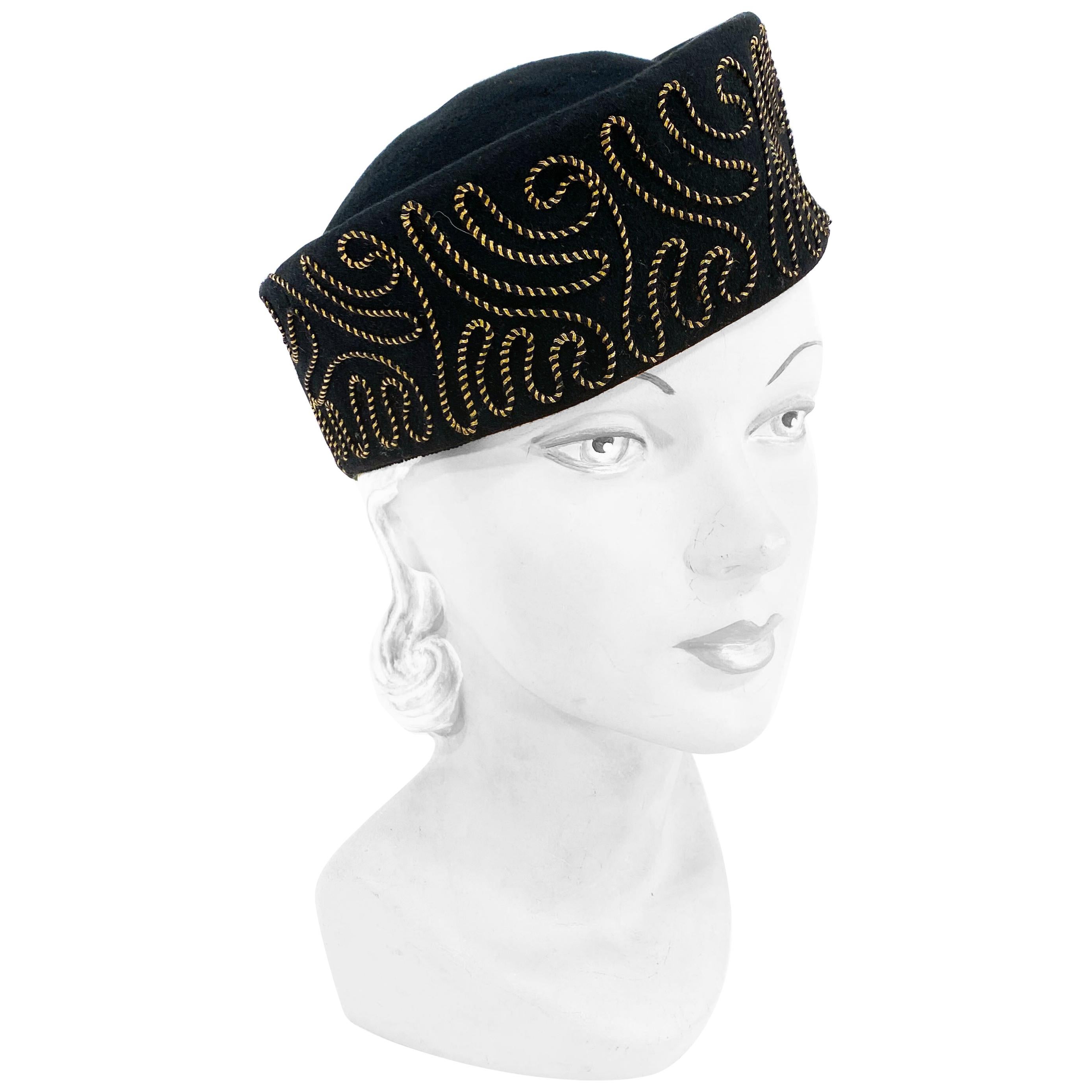 1930s/1940s Black Cossack Hat with Sous-tâche Embroidery  For Sale