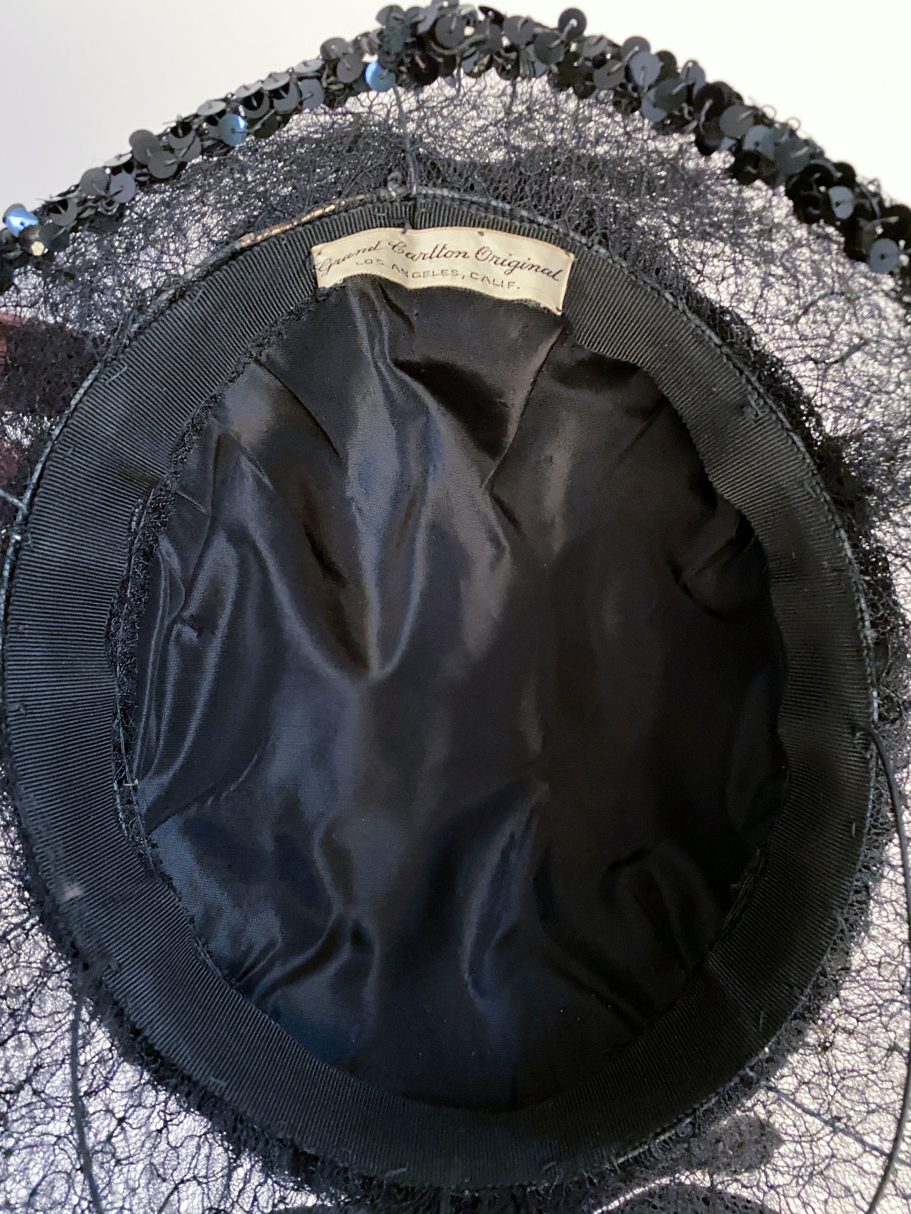 1930s/1940s Black Silk Velvet Hat with Lace Brim and Full Face Veil In Good Condition In San Francisco, CA
