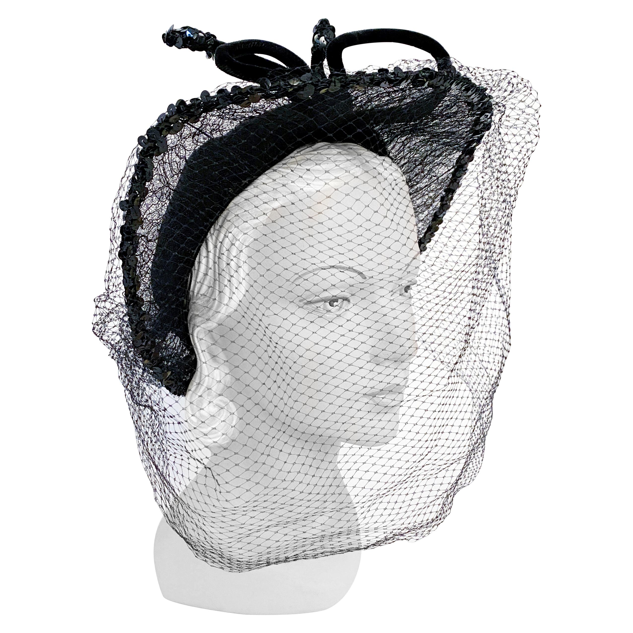 1930s/1940s Black Silk Velvet Hat with Lace Brim and Full Face Veil