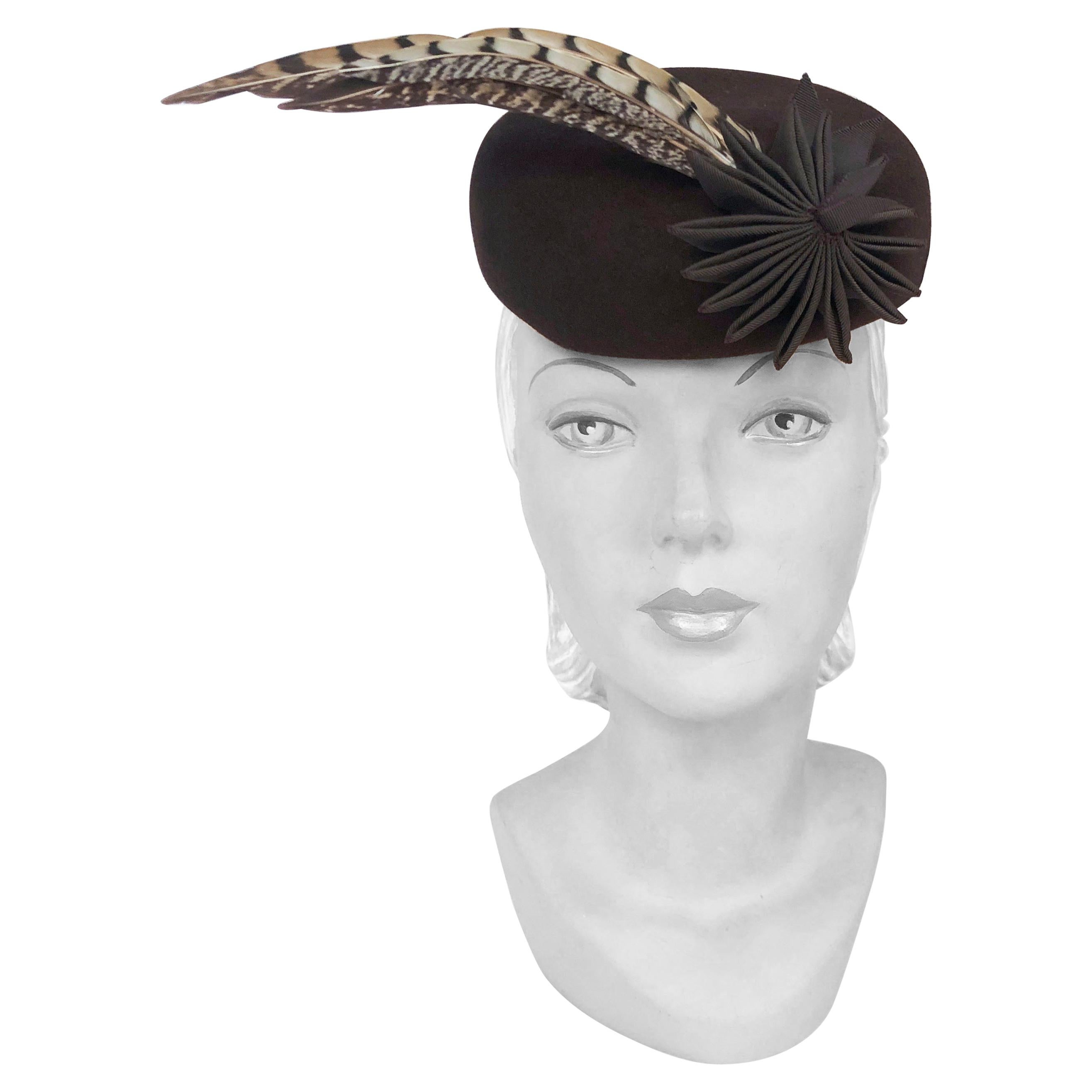 1930s/1940s Brown Fur Felt Sculpted Hat With Feather and Ribbon Accents ...