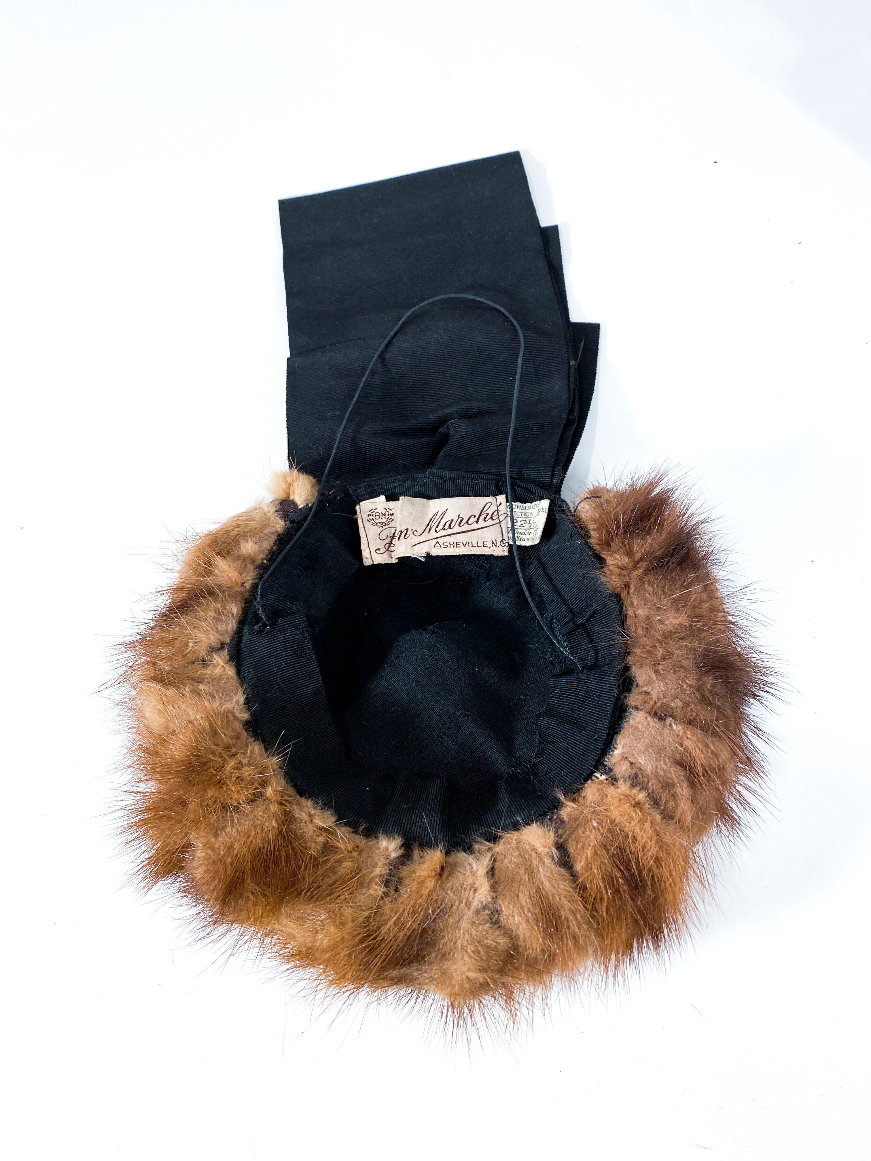 1930s/1940s Brown Mink and Ribbon Perch Hat In Good Condition For Sale In San Francisco, CA