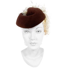 1930s/1940s Brown Sculpted Cocktail Hat with Feather Plume