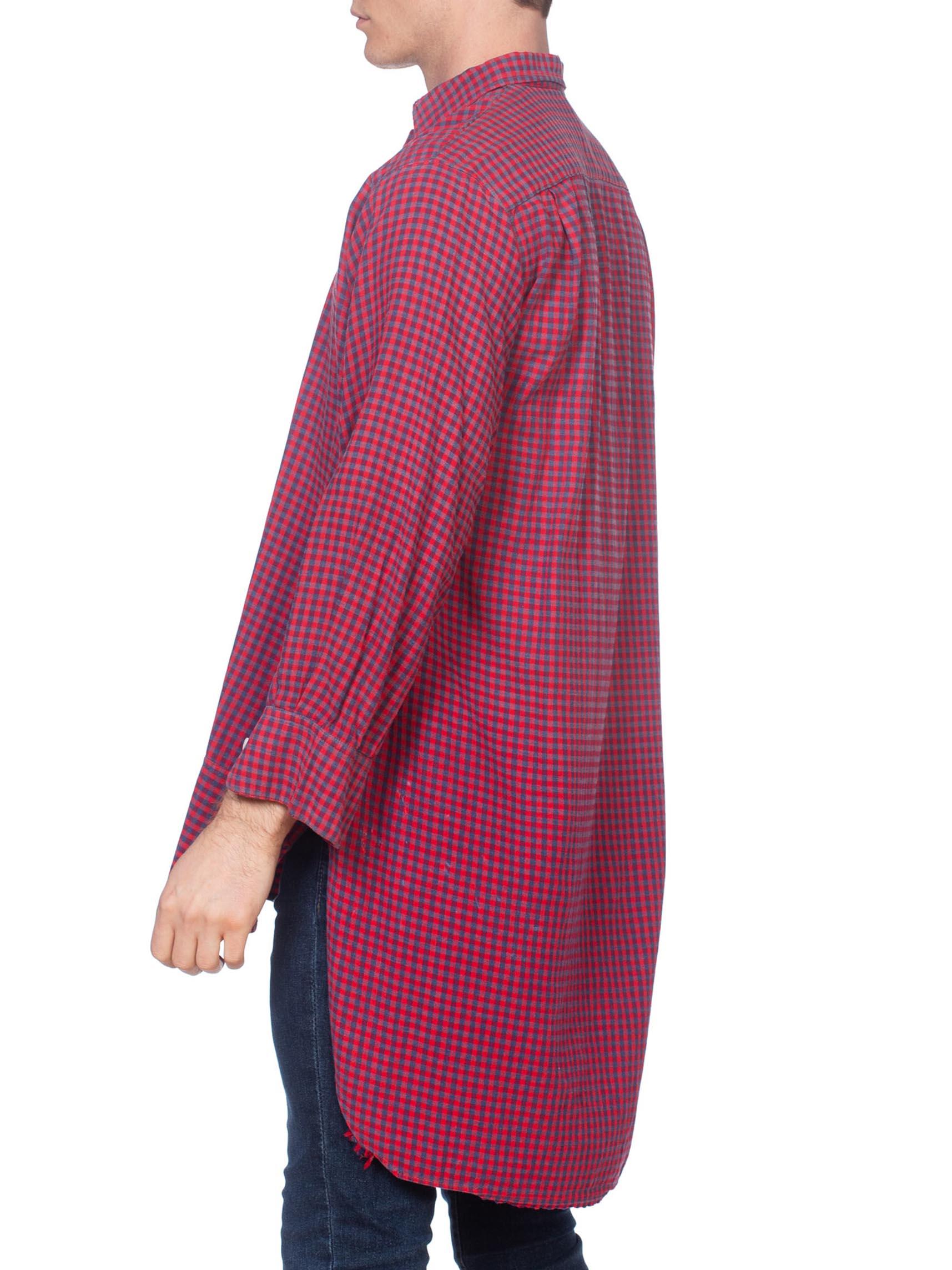 Edwardian Red & Blue Organic Cotton Men's Plaid Tunic Workwear Shirt From Paris Bon état - En vente à New York, NY
