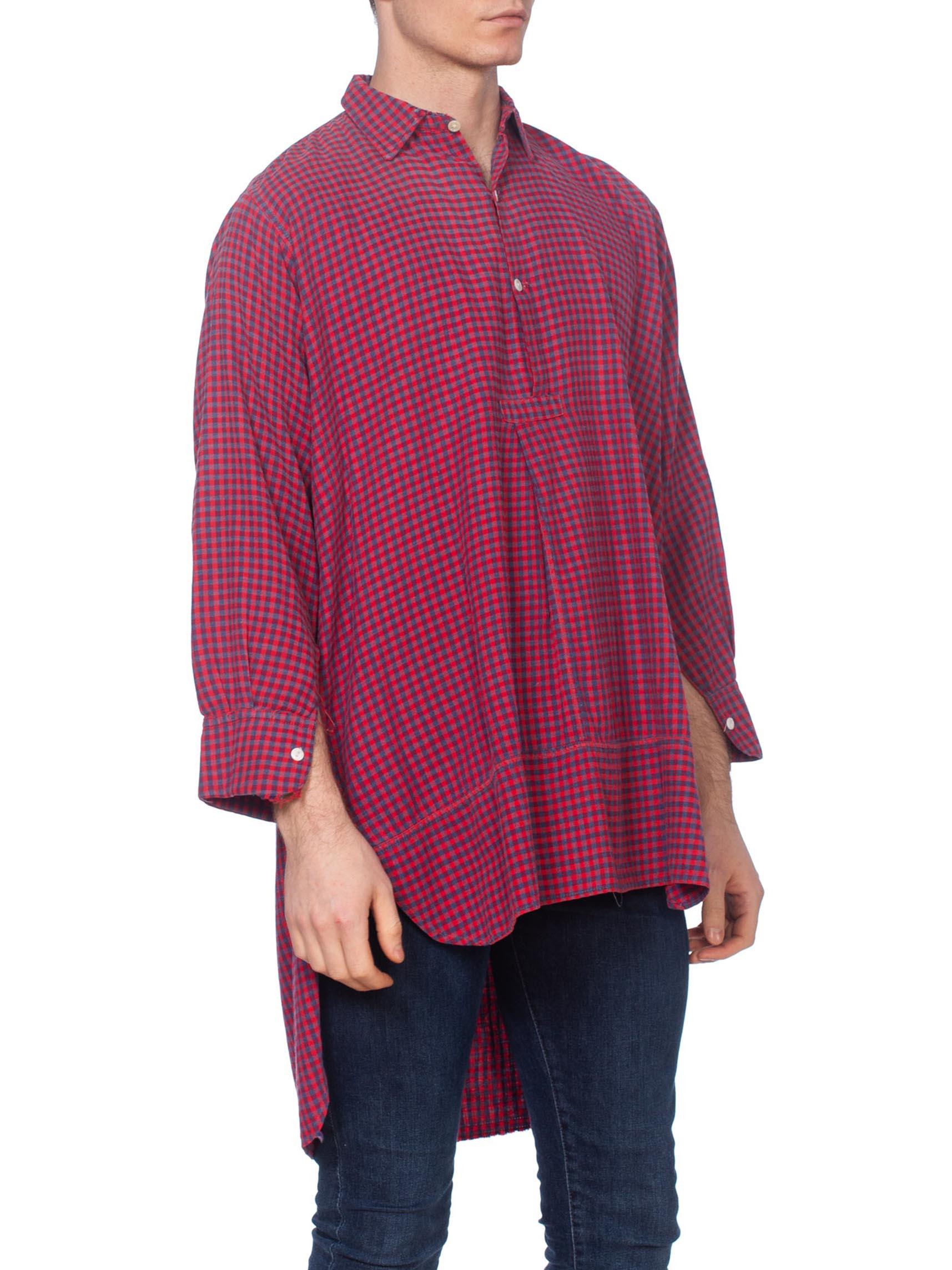 Edwardian Red & Blue Organic Cotton Men's Plaid Tunic Workwear Shirt From Paris en vente 2