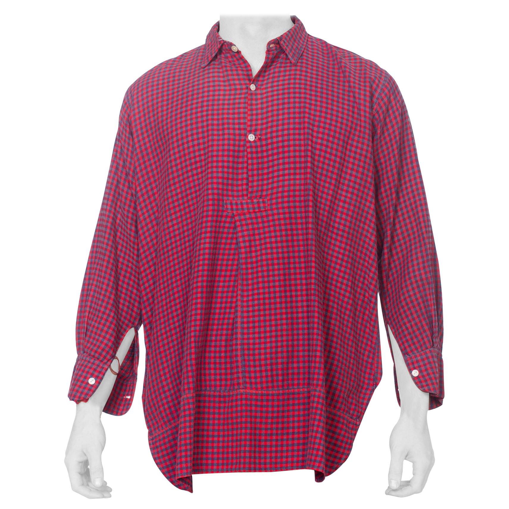 1900S Red & Blue Organic Cotton Men's Plaid Tunic Workwear Shirt From Paris For Sale