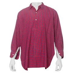 Antique Edwardian Red & Blue Organic Cotton Men's Plaid Tunic Workwear Shirt From Paris