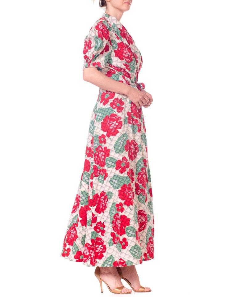 1940S Cotton Red And Green Floral Print Wrap Dress House Robe at