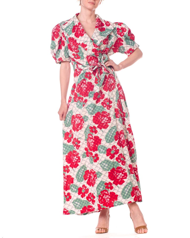 1940S Cotton Red And Green Floral Print Wrap Dress House Robe at ...
