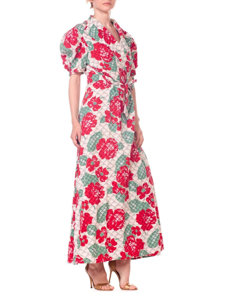 1940S Cotton Red And Green Floral Print Wrap Dress House Robe at