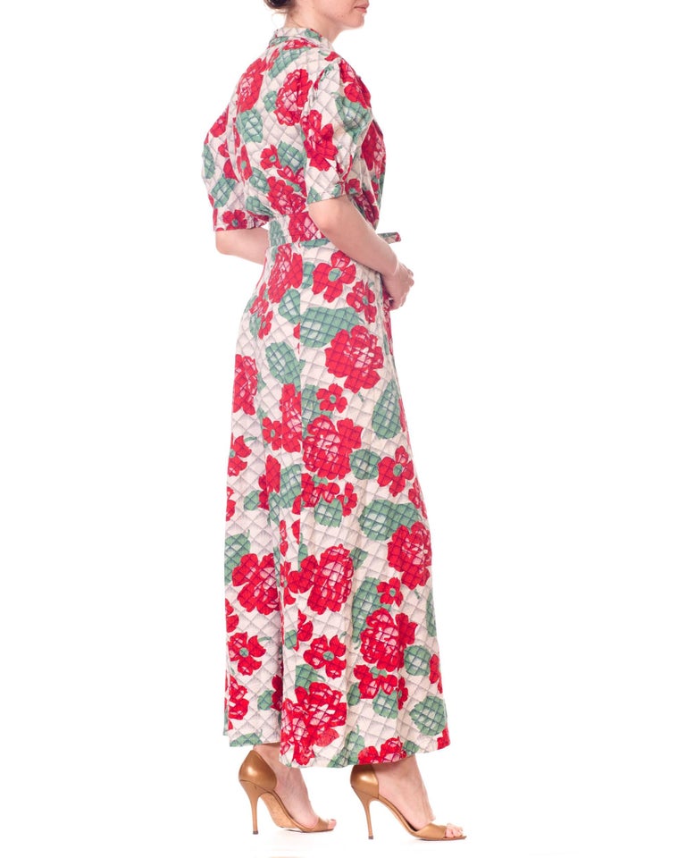 1940S Cotton Red And Green Floral Print Wrap Dress House Robe at
