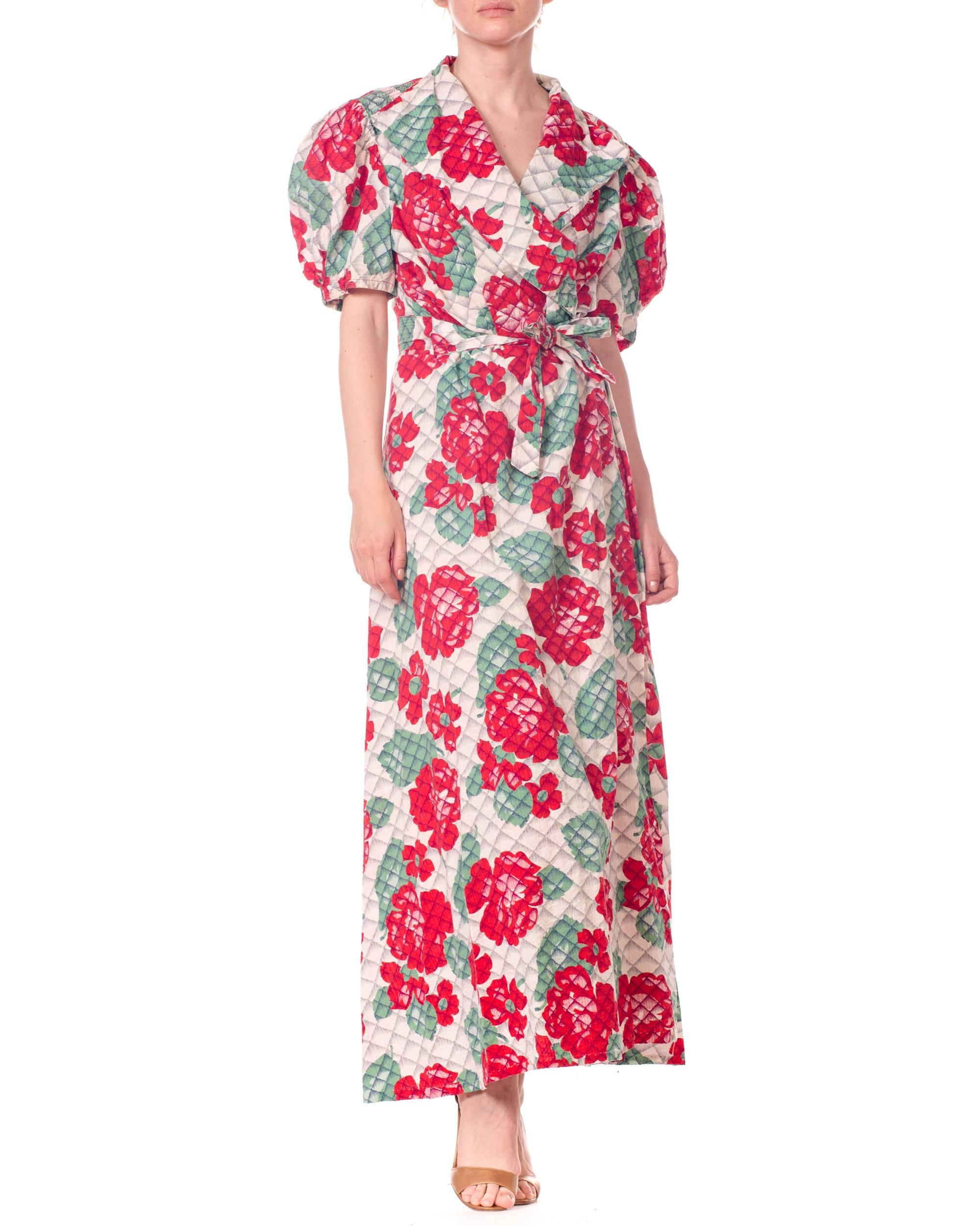 Women's 1940S Cotton Red And Green Floral Print Wrap Dress House Robe