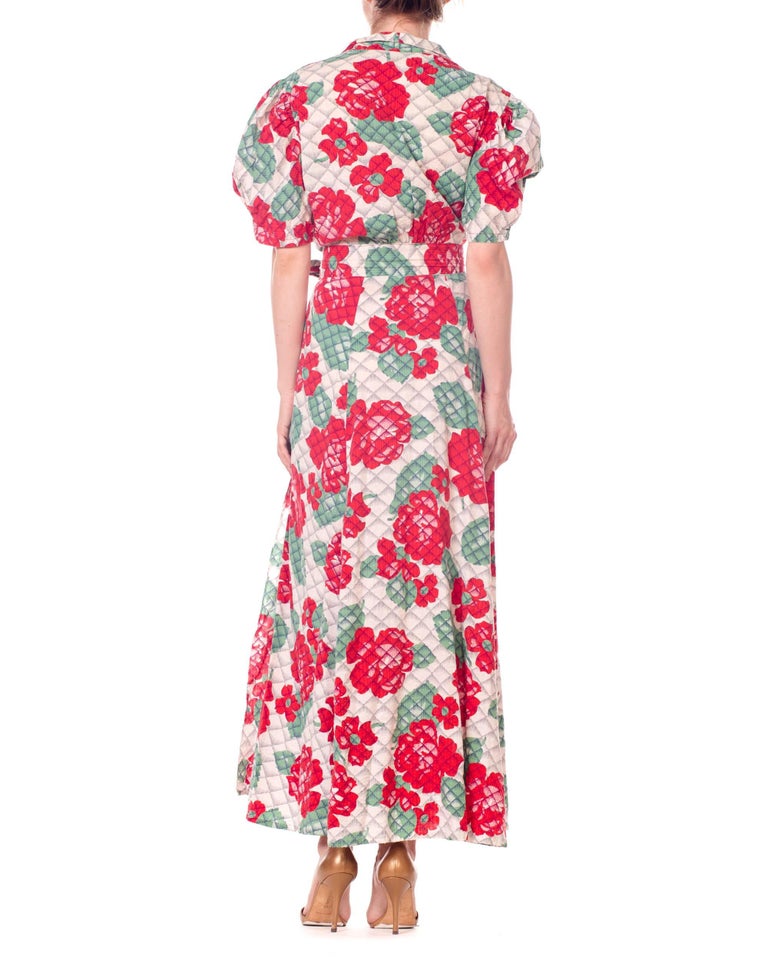 1940S Cotton Red And Green Floral Print Wrap Dress House Robe at
