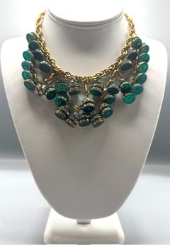 1930s / 1940s Gold, Green & Rhinestone Bead Bib Necklace