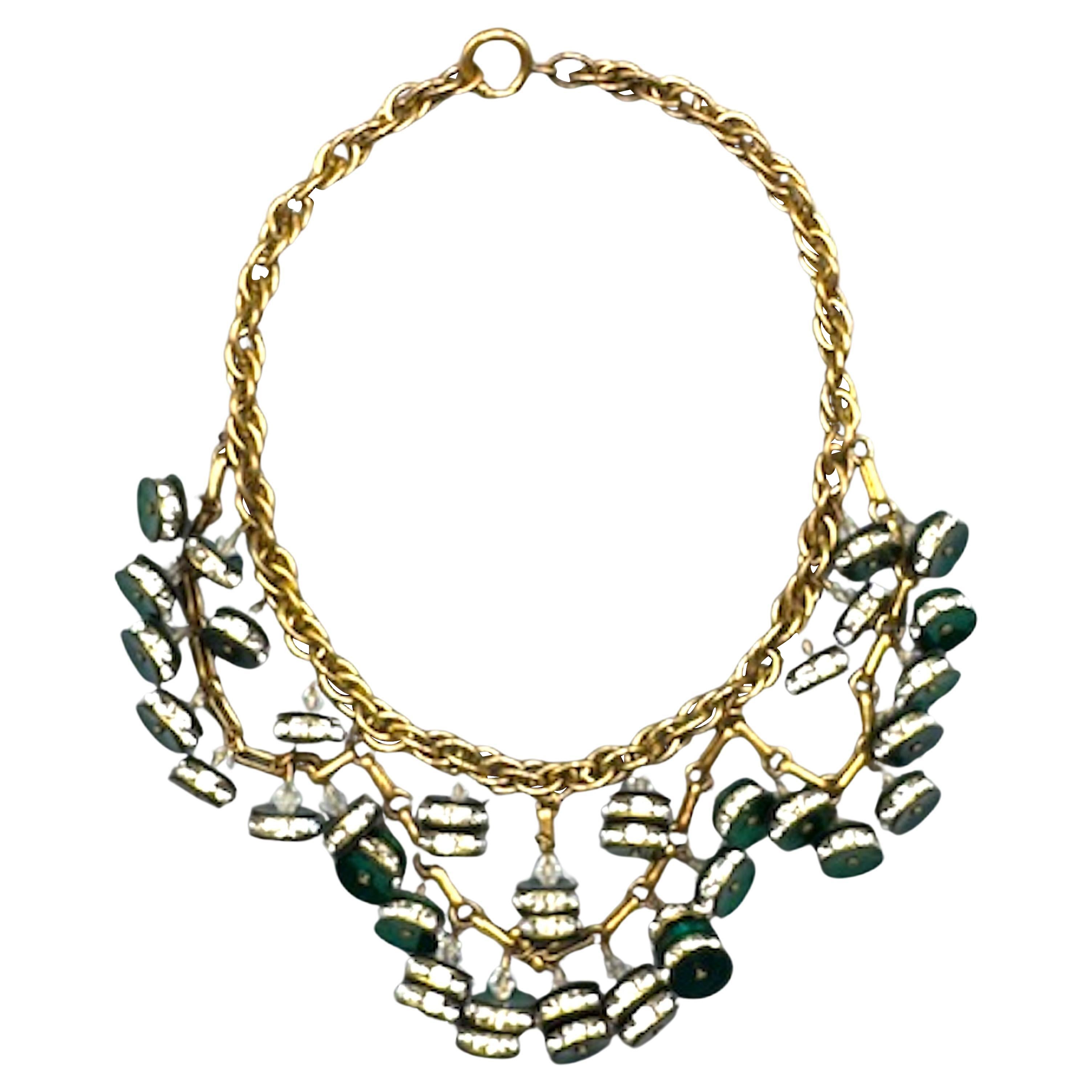 Collana a pettorina con perline in oro, verde e strass anni '30/'40