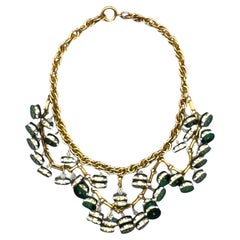 1930s / 1940s Gold, Green & Rhinestone Bead Bib Necklace