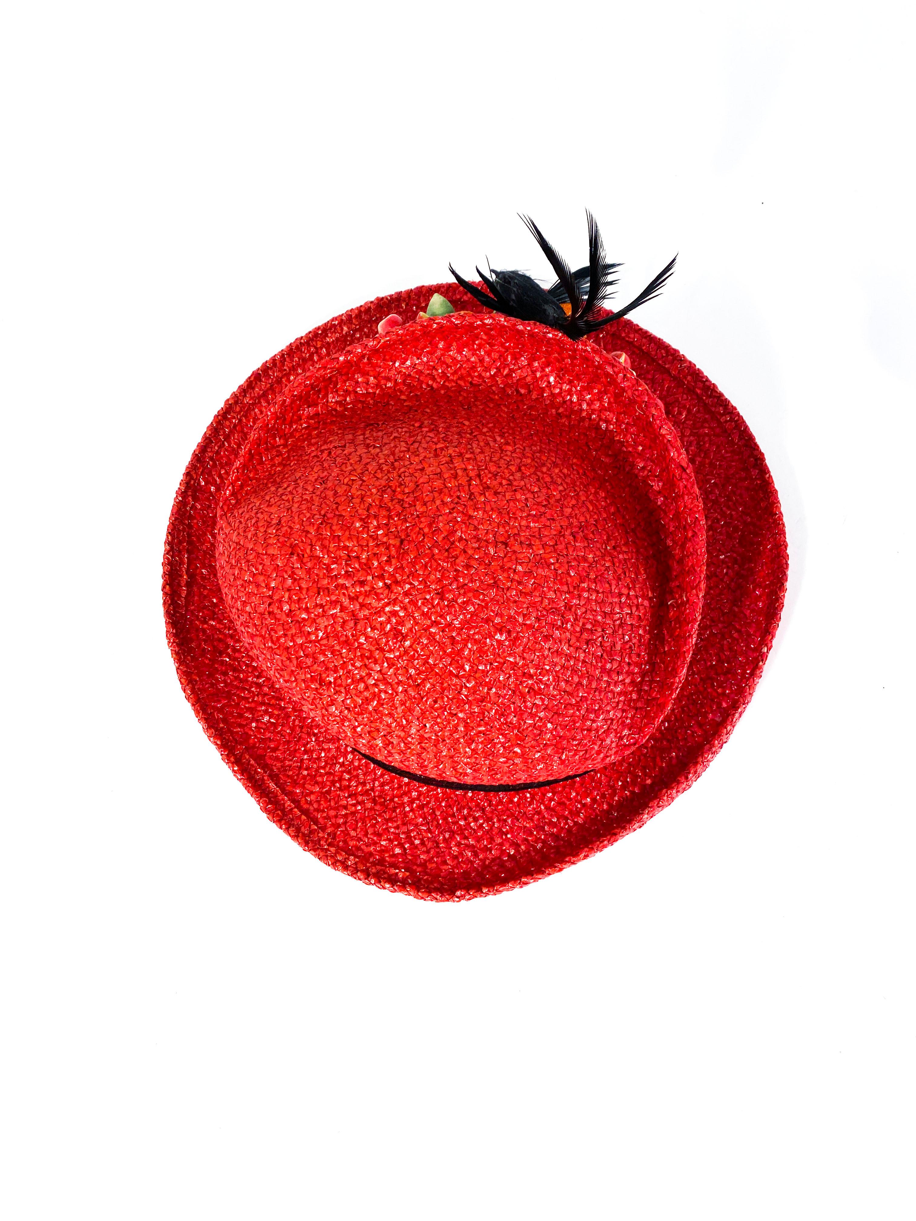 Gray 1930s/1940s Red Straw Perch Hat withFruit and Bird Accent For Sale