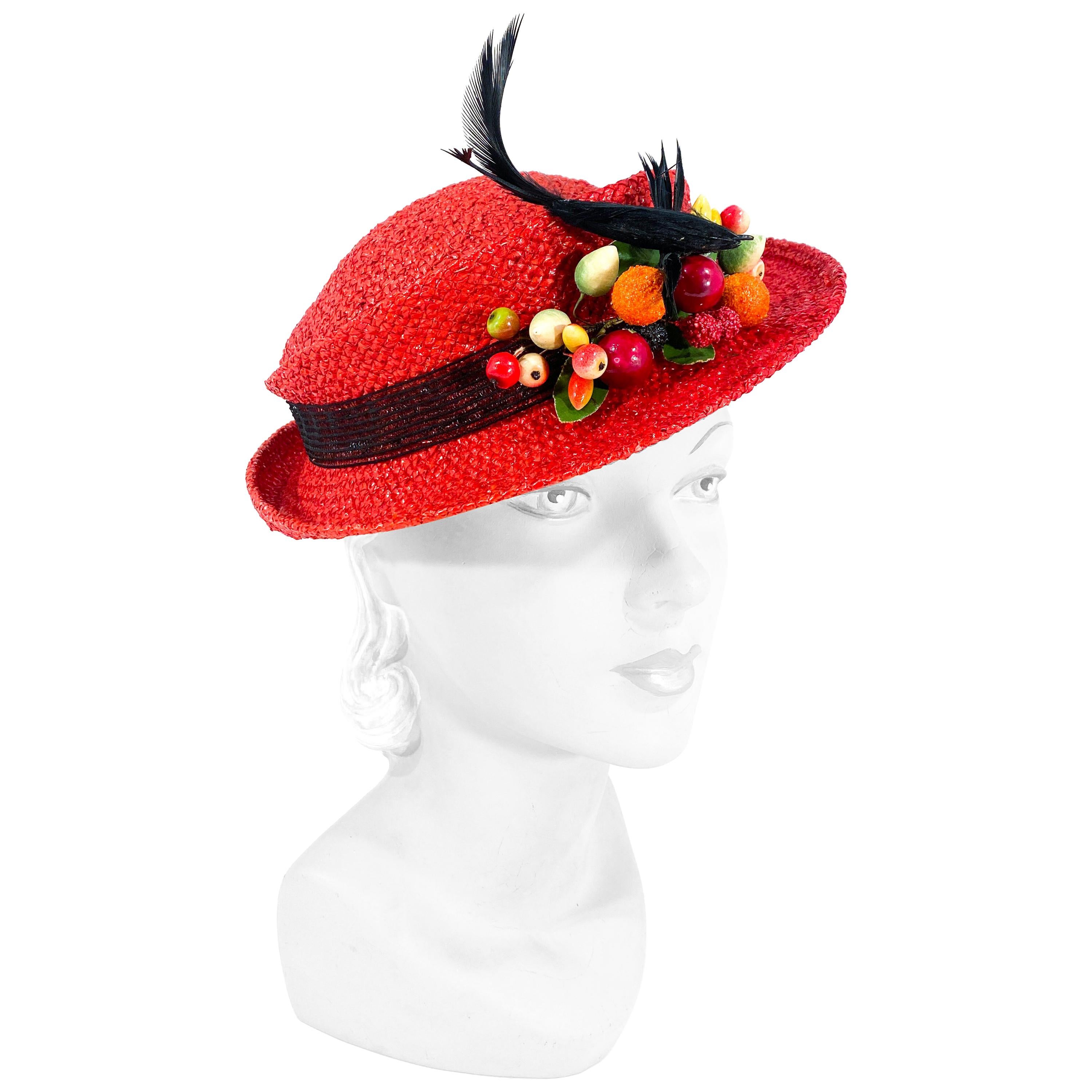 1930s/1940s Red Straw Perch Hat withFruit and Bird Accent For Sale