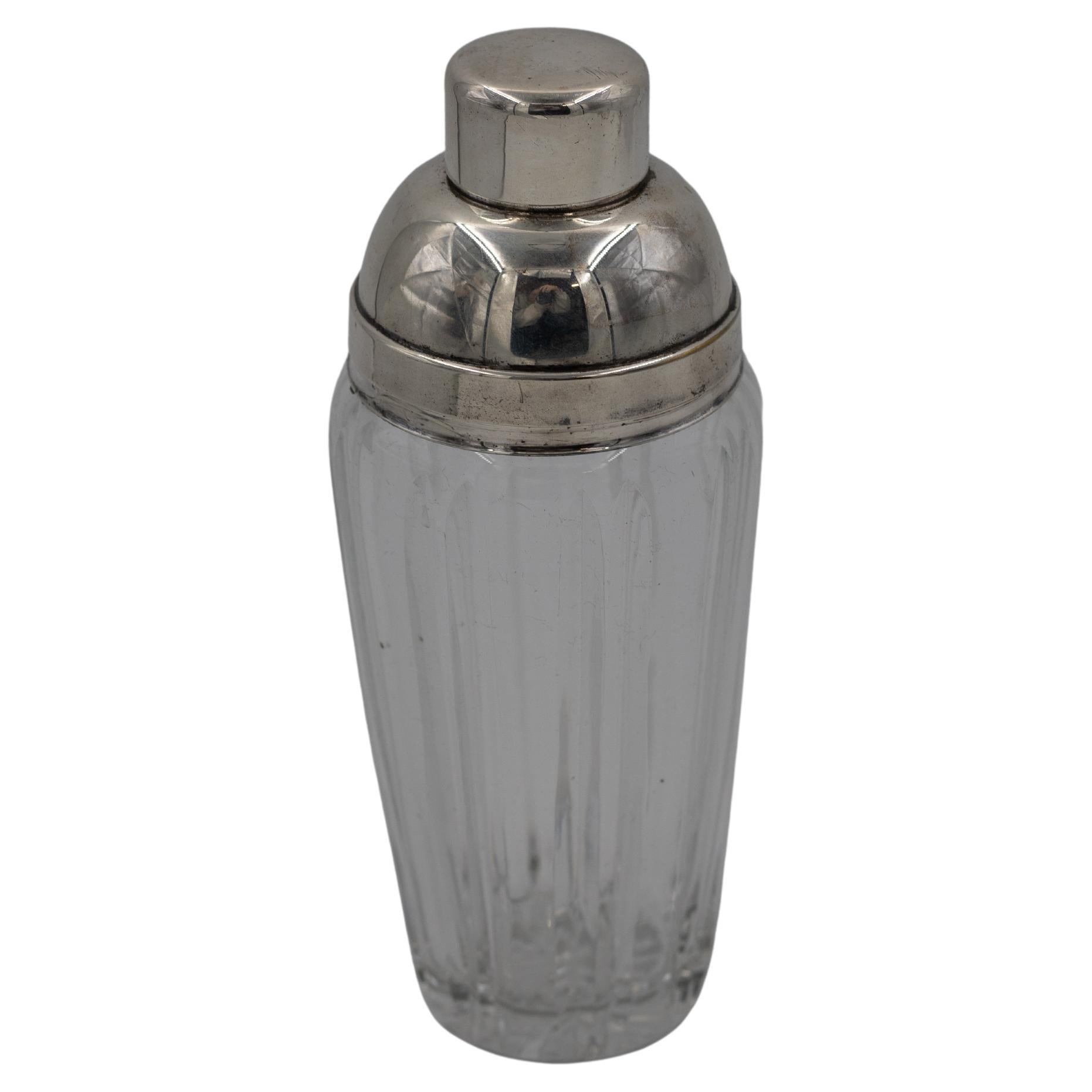 1930s–1950s Fluted Glass Cocktail Shaker with Silver-Plated Top