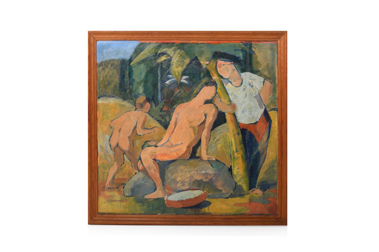 Oil painting by an artist from the 1930s-1950s. Nude scene of a woman. Oil on wooden panel. Unsigned. The painting technique is strongly reminiscent of the famous German painters of expressionism, Neue Sachlichkeit and Modern Art of the 1930s.