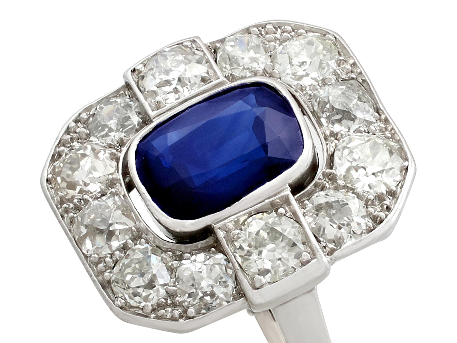 Cushion Cut 1930s 2.62 Carat Sapphire and 2.85 Carat Diamond White Gold Cluster Ring