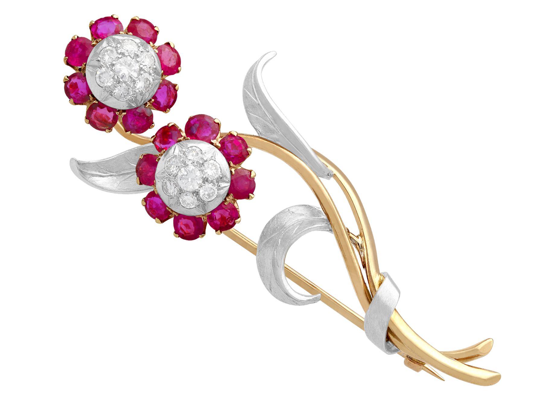 A stunning, fine and impressive, rare antique 2.91 carat ruby and 0.82 carat diamond, 10 karat yellow gold and silver set flower brooch / earring set; part of our diverse antique jewelry collections

This stunning, fine and impressive antique