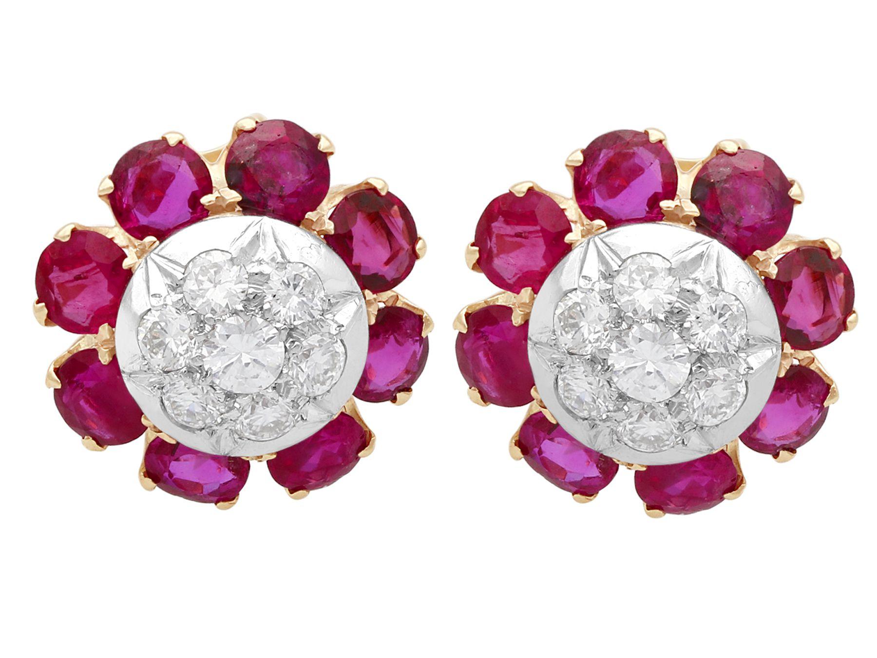 Women's or Men's 1930s 2.91Ct Ruby and Diamond Yellow Gold and Silver Set Brooch / Earring Set
