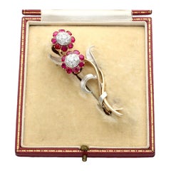 1930s 2.91Ct Ruby and Diamond Yellow Gold and Silver Set Brooch / Earring Set