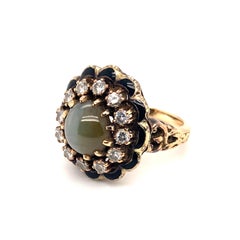 1930s 3 Carat Cats Eye Chrysoberyl and 1 Carat Diamond Ring in 18 Karat Gold