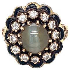 1930s 3 Carat Cats Eye Chrysoberyl and 1 Carat Diamond Ring in 18 Karat Gold