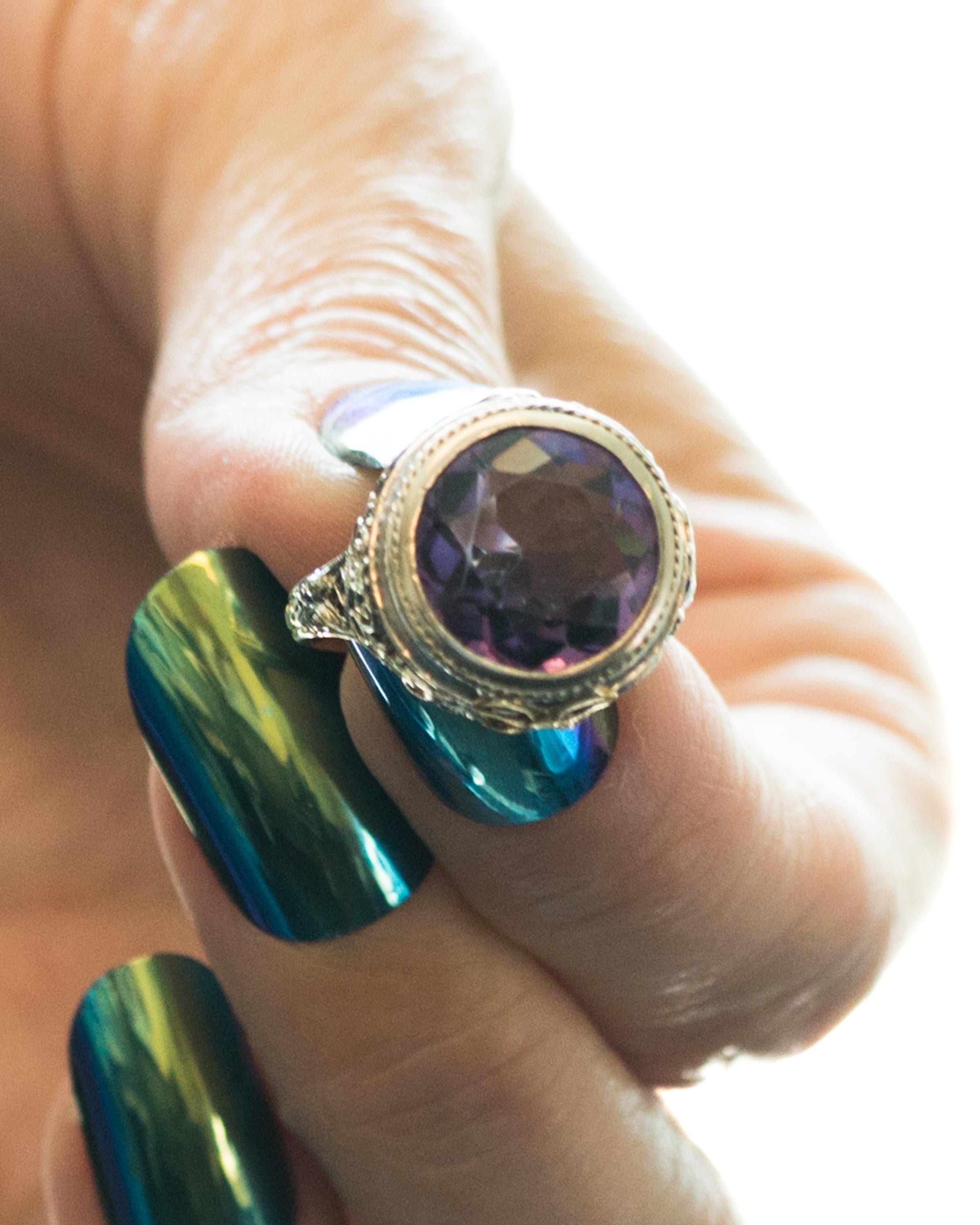 1930s 3 Carat Round Amethyst and 14 Karat White Gold Filigree Ring 3