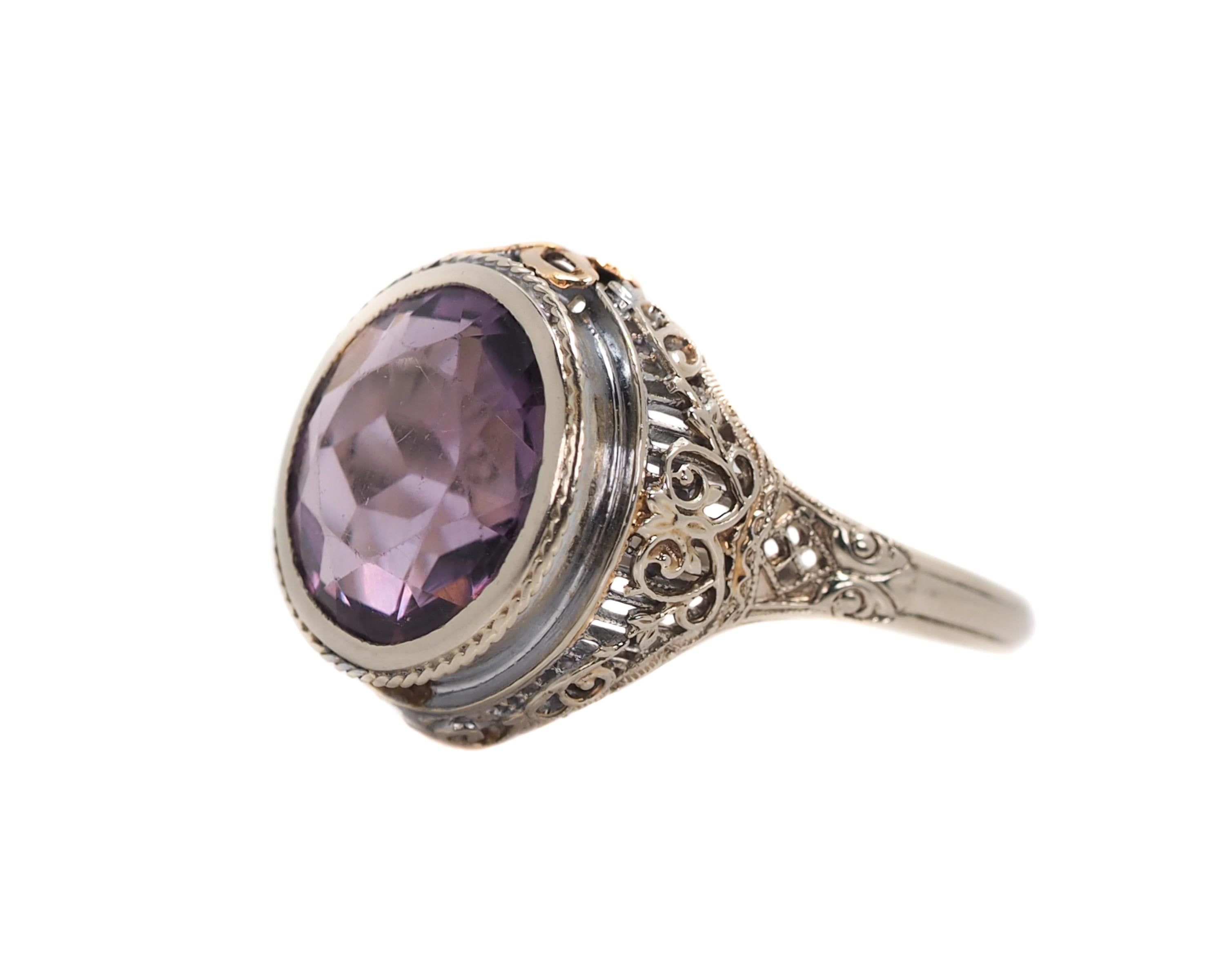 Round Cut 1930s 3 Carat Round Amethyst and 14 Karat White Gold Filigree Ring