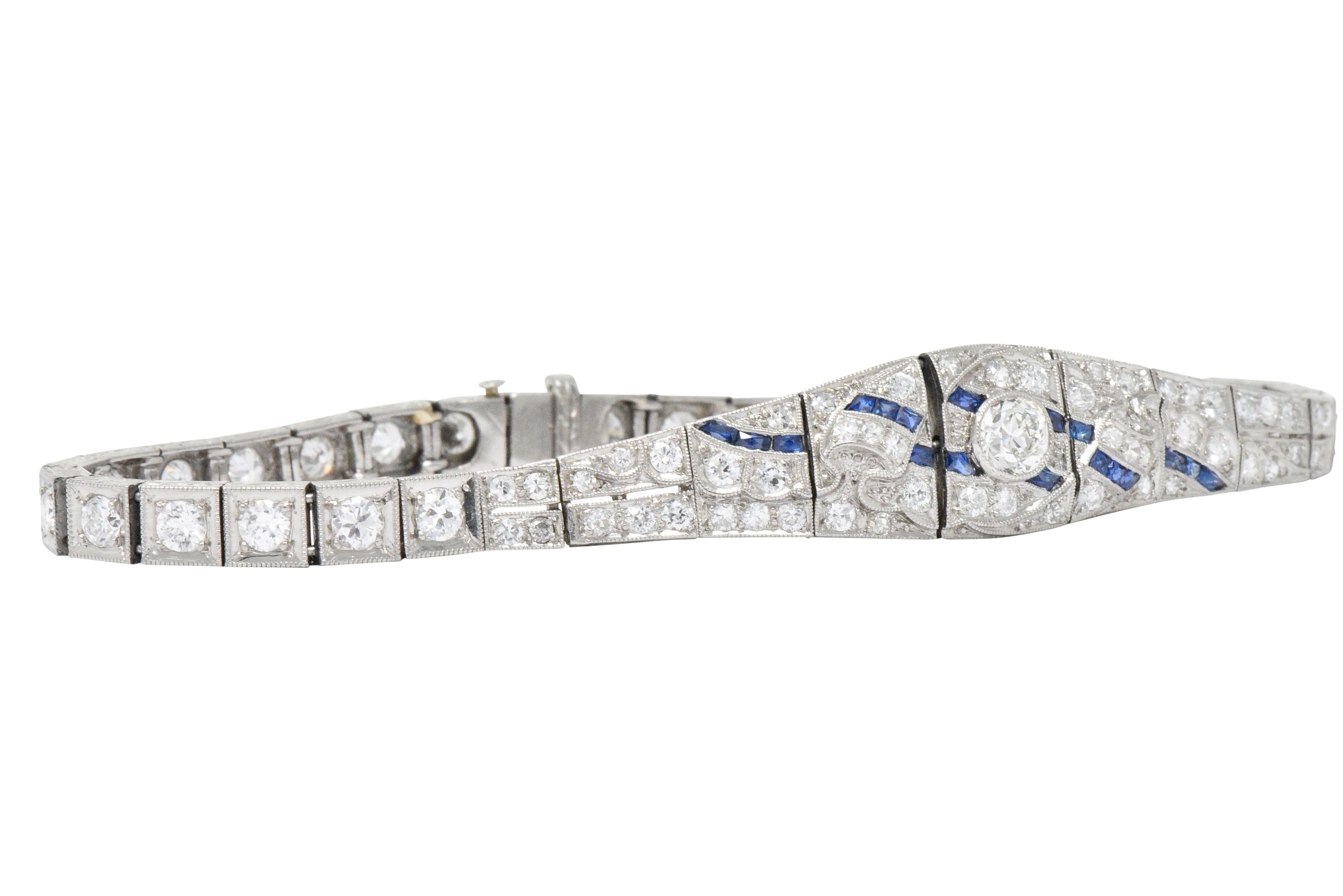 1930s 3.60 Carat Diamond Sapphire Platinum Art Deco Belly Bracelet In Excellent Condition In Philadelphia, PA