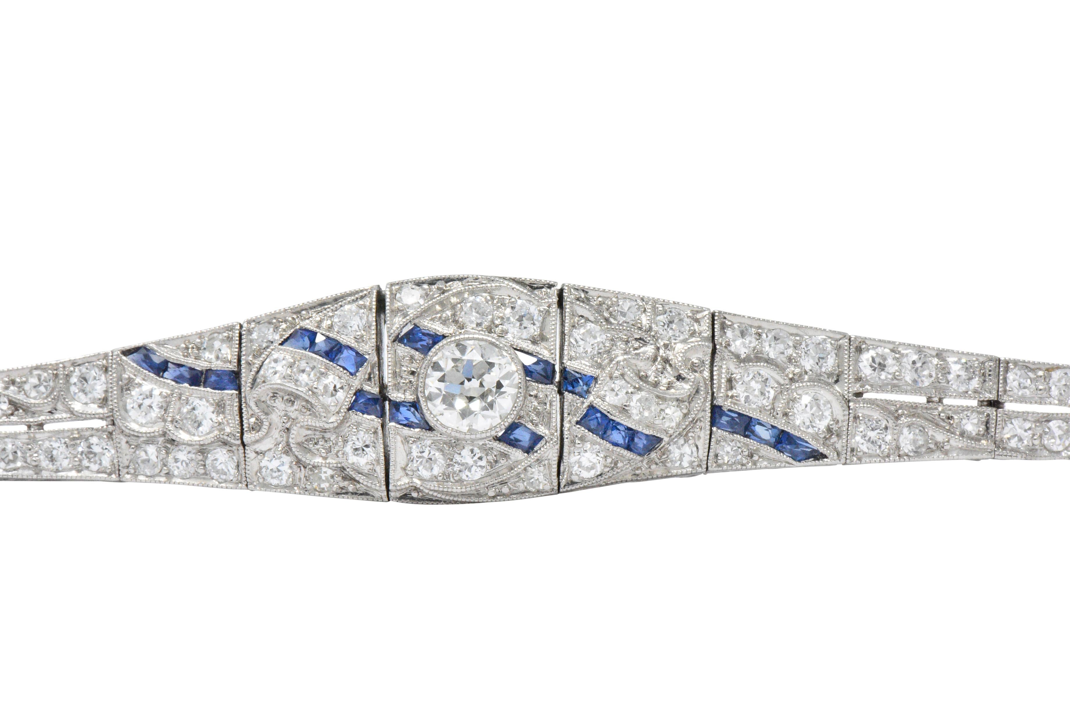 1930s 3.60 Carat Diamond Sapphire Platinum Art Deco Belly Bracelet 1