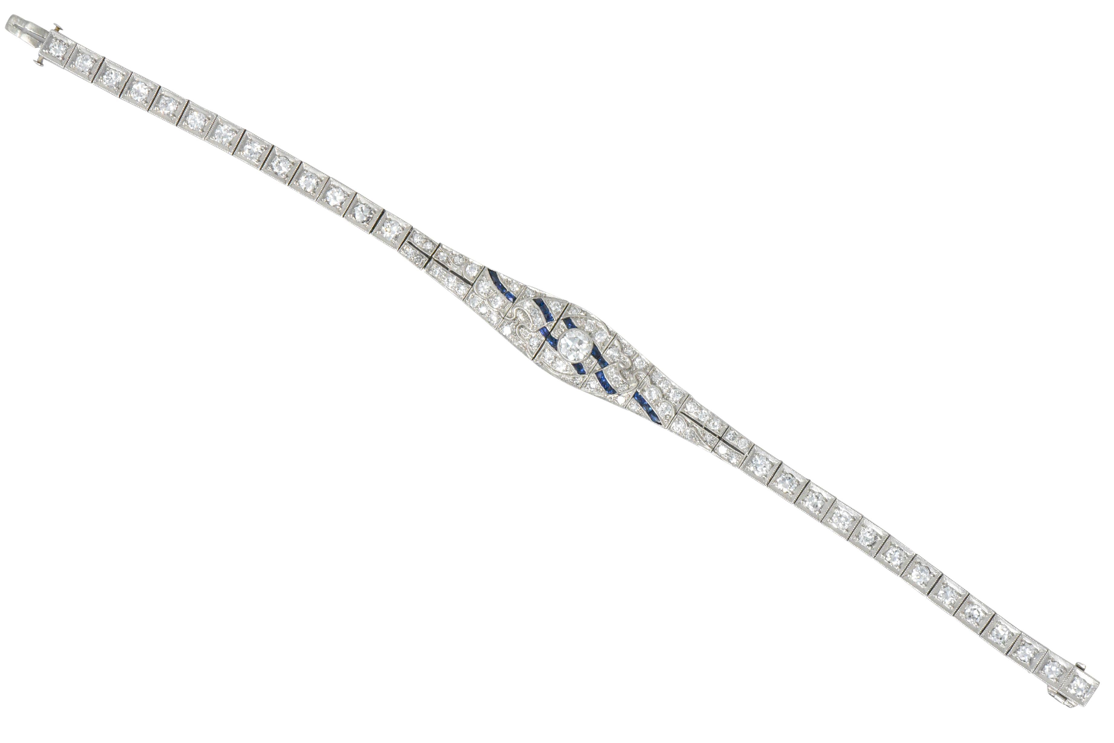 1930s 3.60 Carat Diamond Sapphire Platinum Art Deco Belly Bracelet 2