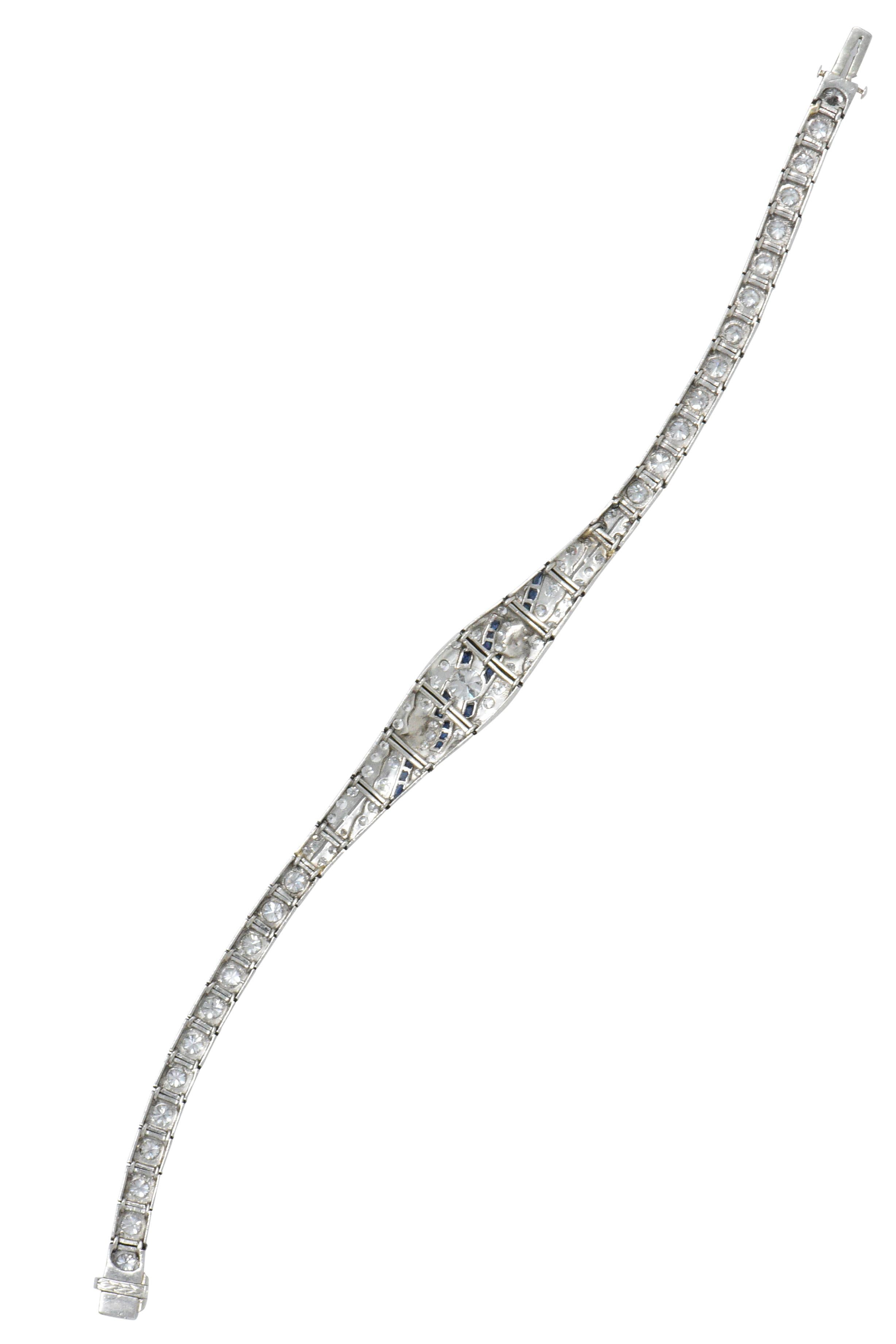 1930s 3.60 Carat Diamond Sapphire Platinum Art Deco Belly Bracelet 4