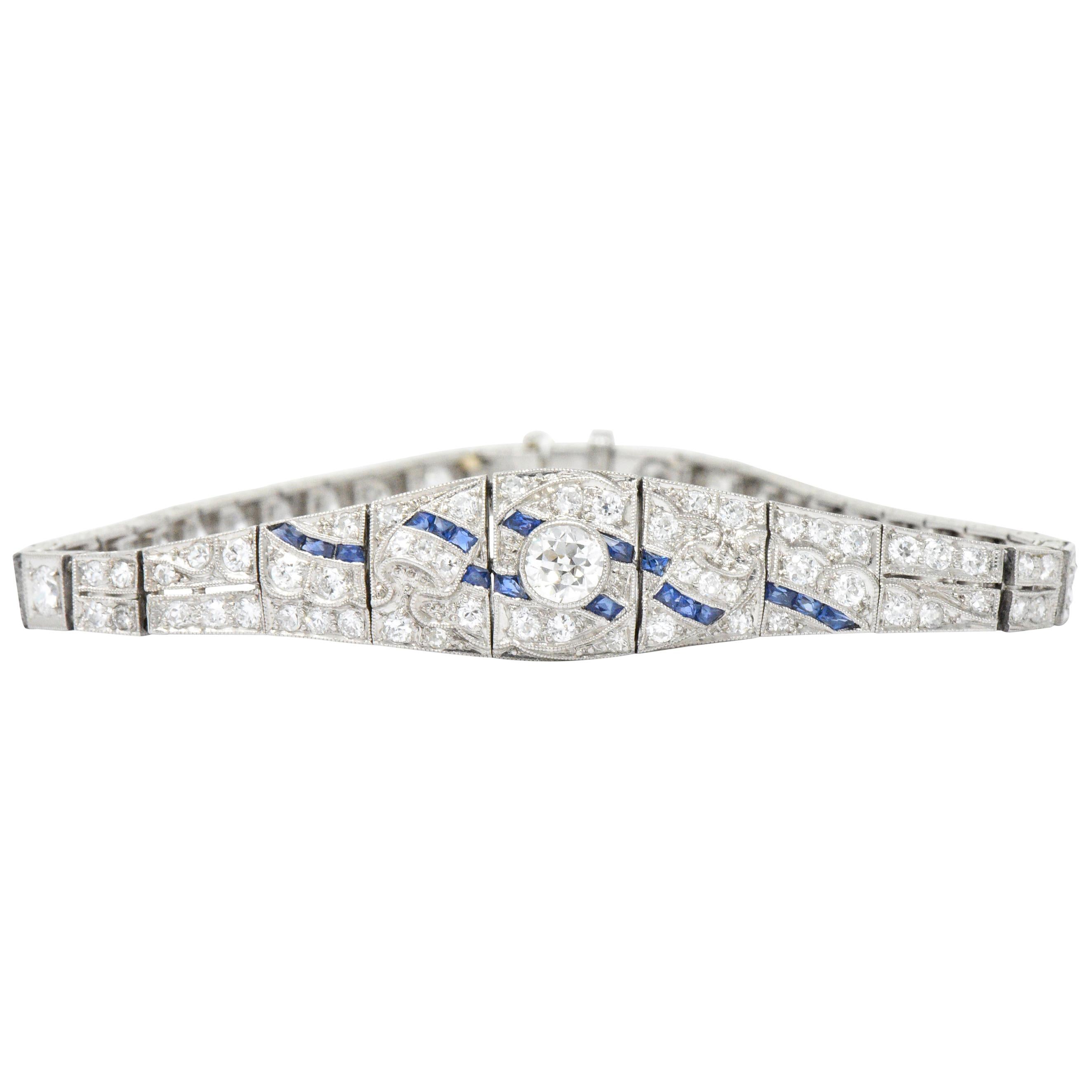 1930s 3.60 Carat Diamond Sapphire Platinum Art Deco Belly Bracelet
