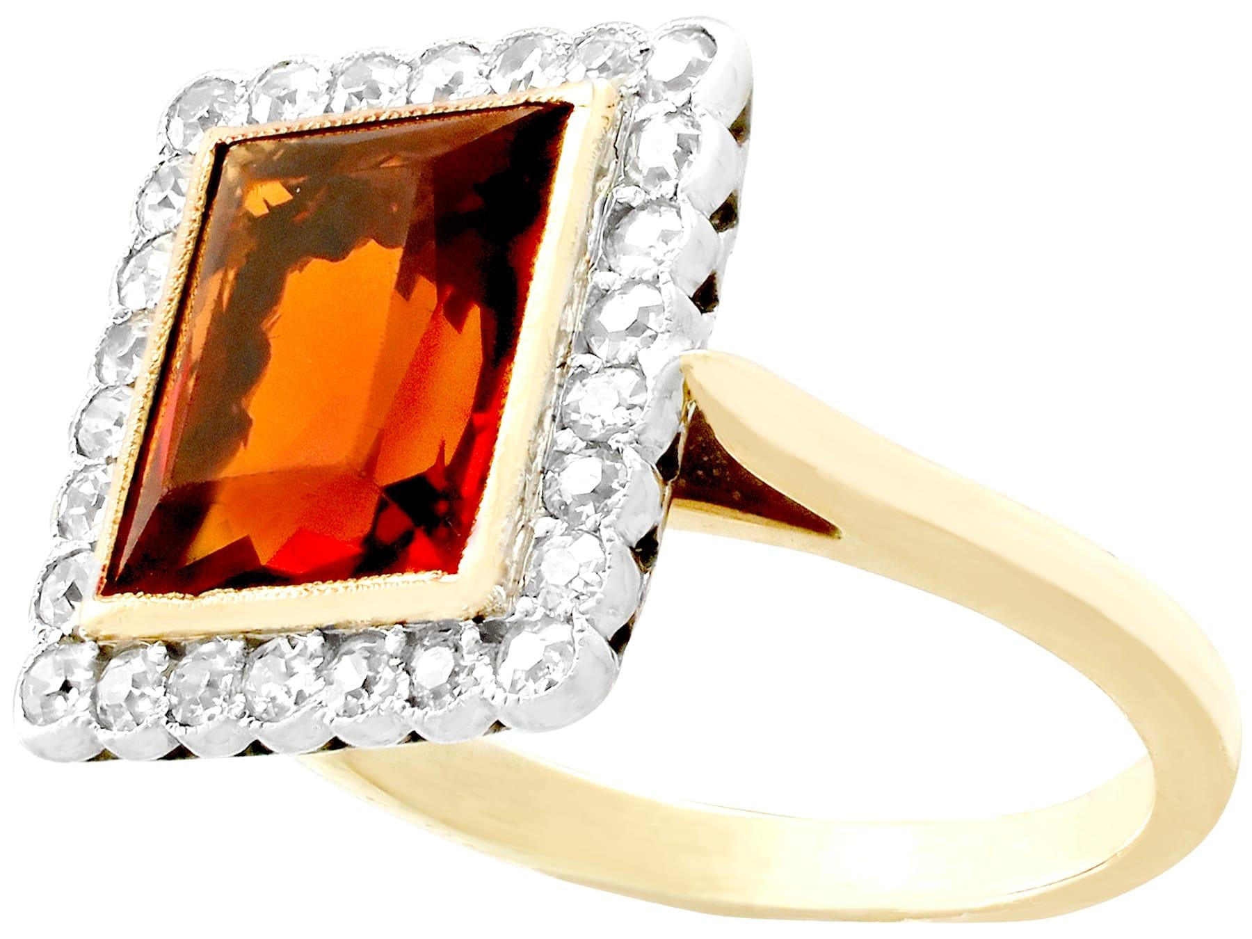 Cushion Cut 1930s 3.61 Carat Citrine and 1.20 Carat Diamond Yellow Gold Cocktail Ring For Sale