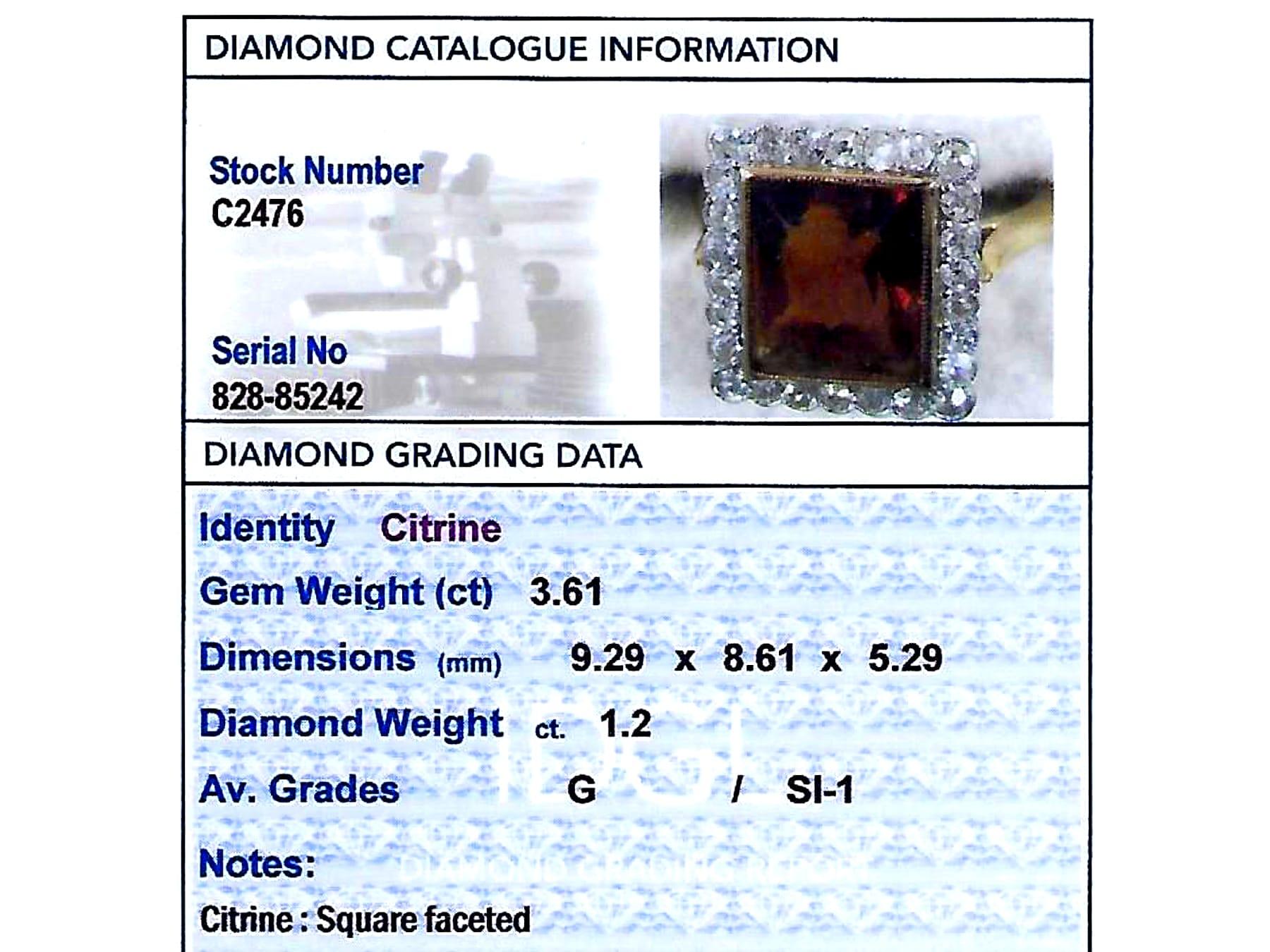 1930s 3.61 Carat Citrine and 1.20 Carat Diamond Yellow Gold Cocktail Ring For Sale 1