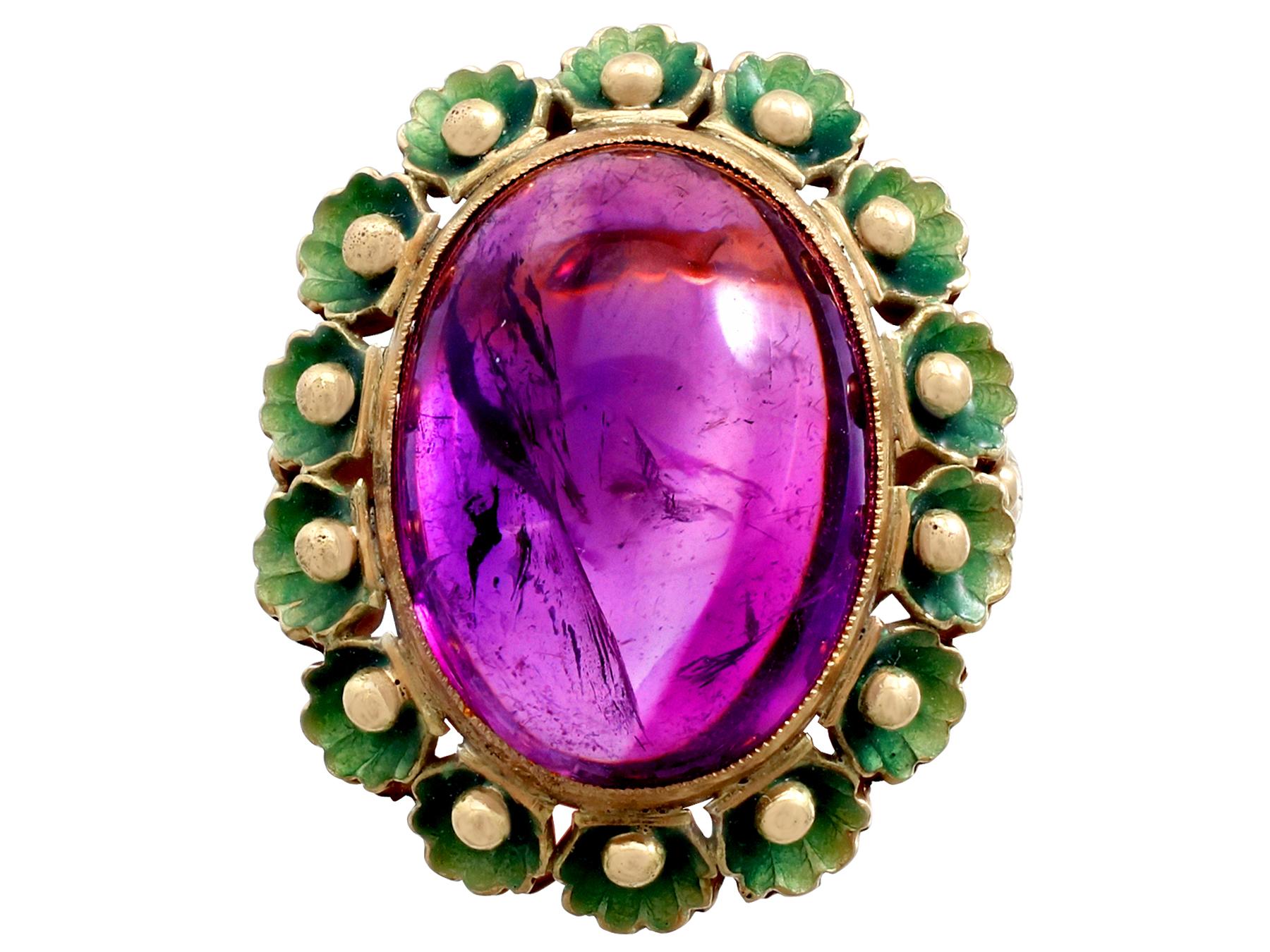 Women's 1930s 39.82 Carat Cabochon Cut Amethyst Green Enamel Gold Jewelry Set For Sale