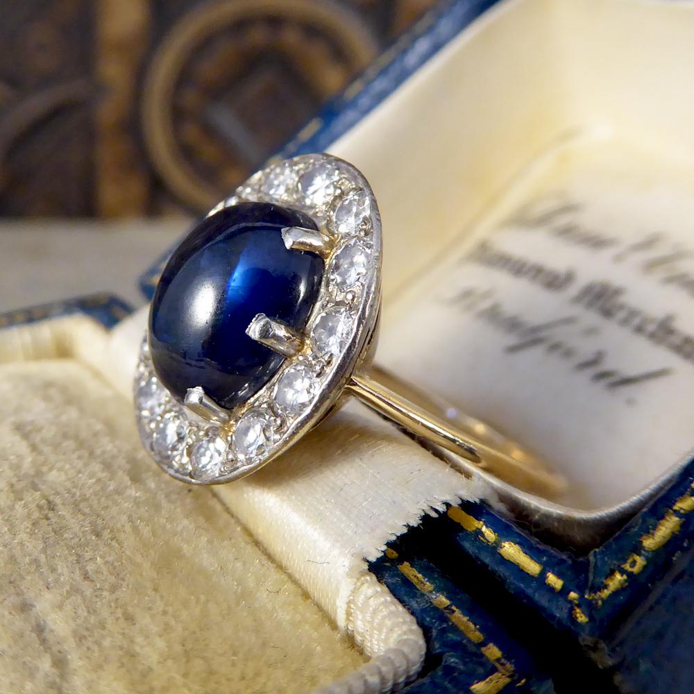 1930s 4 Carat Cabochon Sapphire and Diamond Cluster Ring in Unmarked 18Ct Gold 2