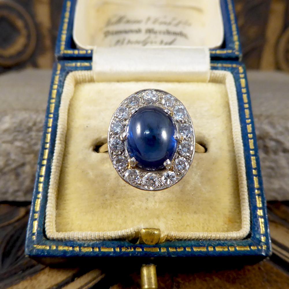 1930s 4 Carat Cabochon Sapphire and Diamond Cluster Ring in Unmarked 18Ct Gold In Good Condition In Yorkshire, West Yorkshire