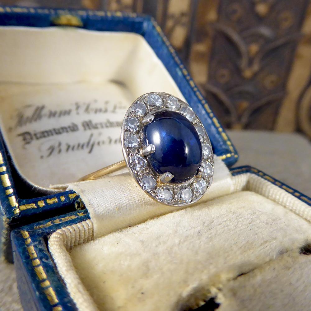 Women's 1930s 4 Carat Cabochon Sapphire and Diamond Cluster Ring in Unmarked 18Ct Gold