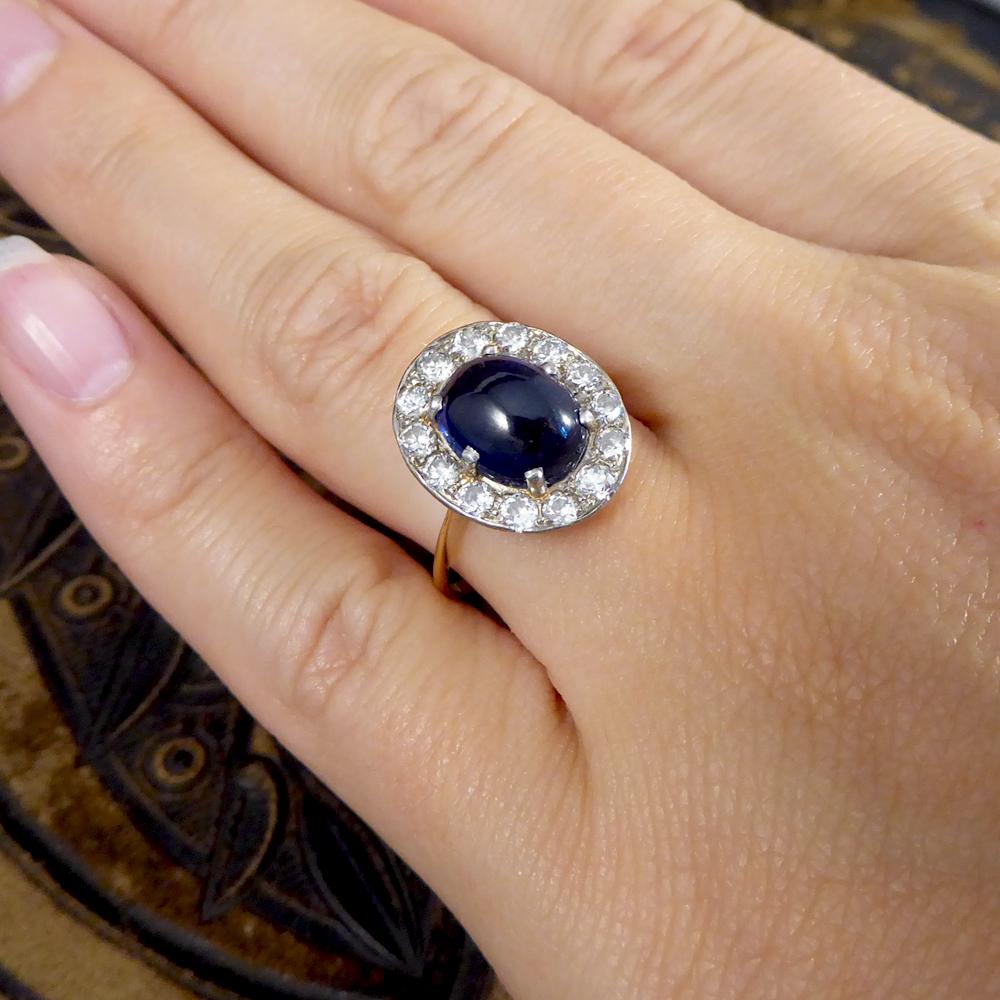 1930s 4 Carat Cabochon Sapphire and Diamond Cluster Ring in Unmarked 18Ct Gold 1