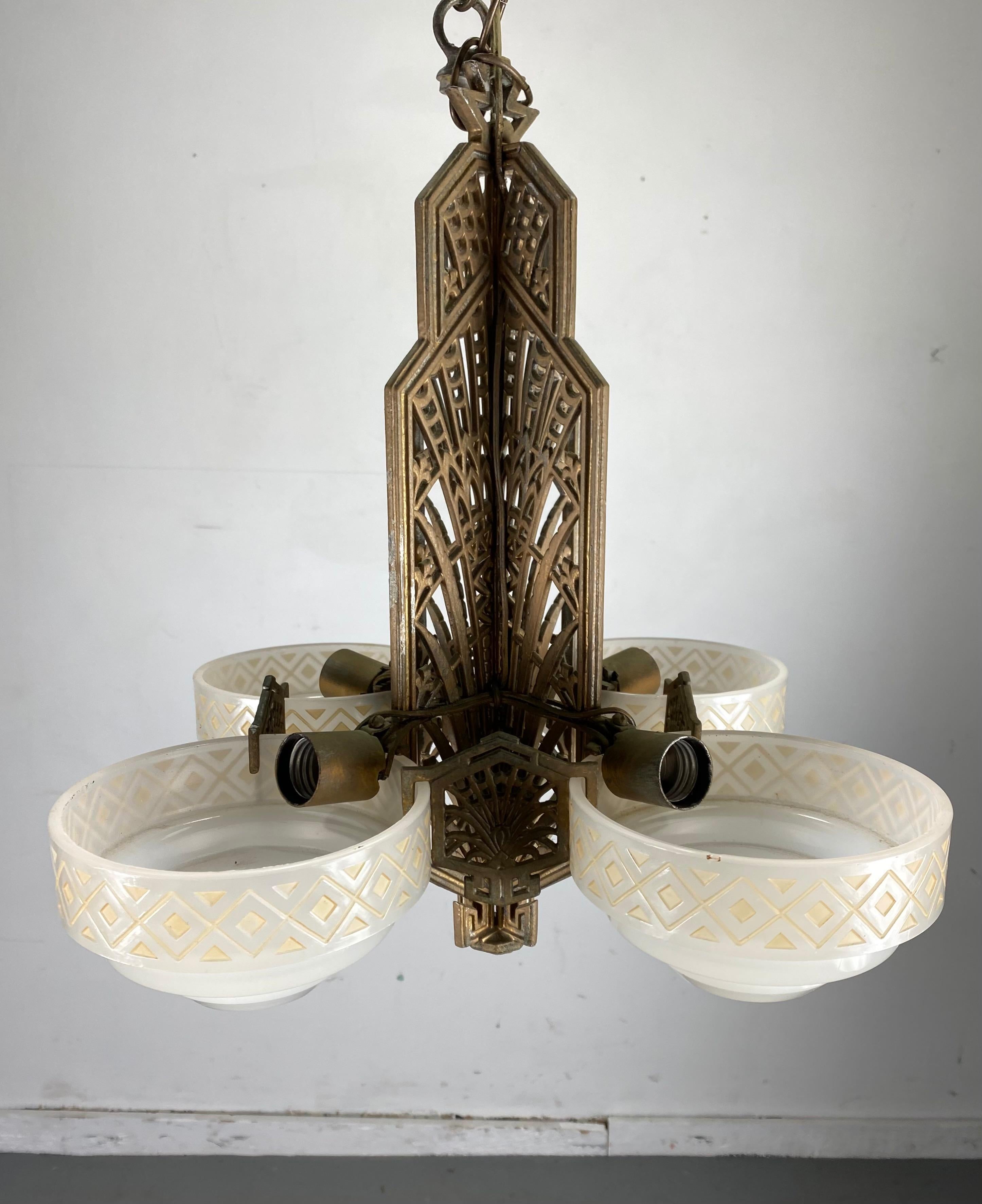 1930s 4-Shade Art Deco Hanging Pendant Chandelier, Stylized Metalwork by Markel In Good Condition In Buffalo, NY
