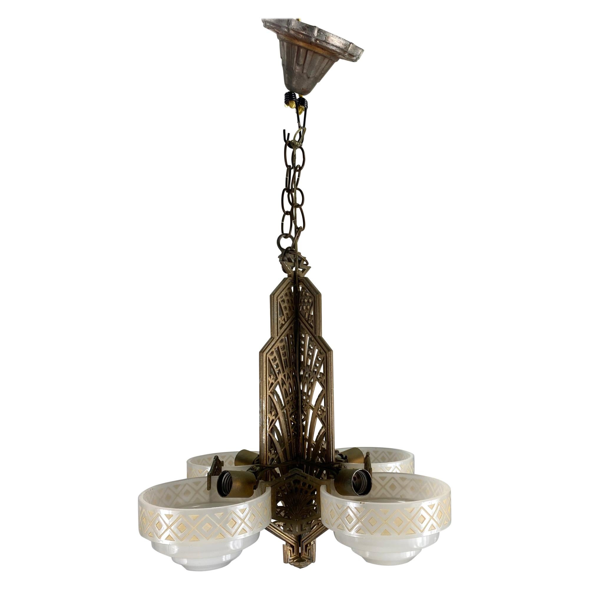 1930s 4-Shade Art Deco Hanging Pendant Chandelier, Stylized Metalwork by Markel