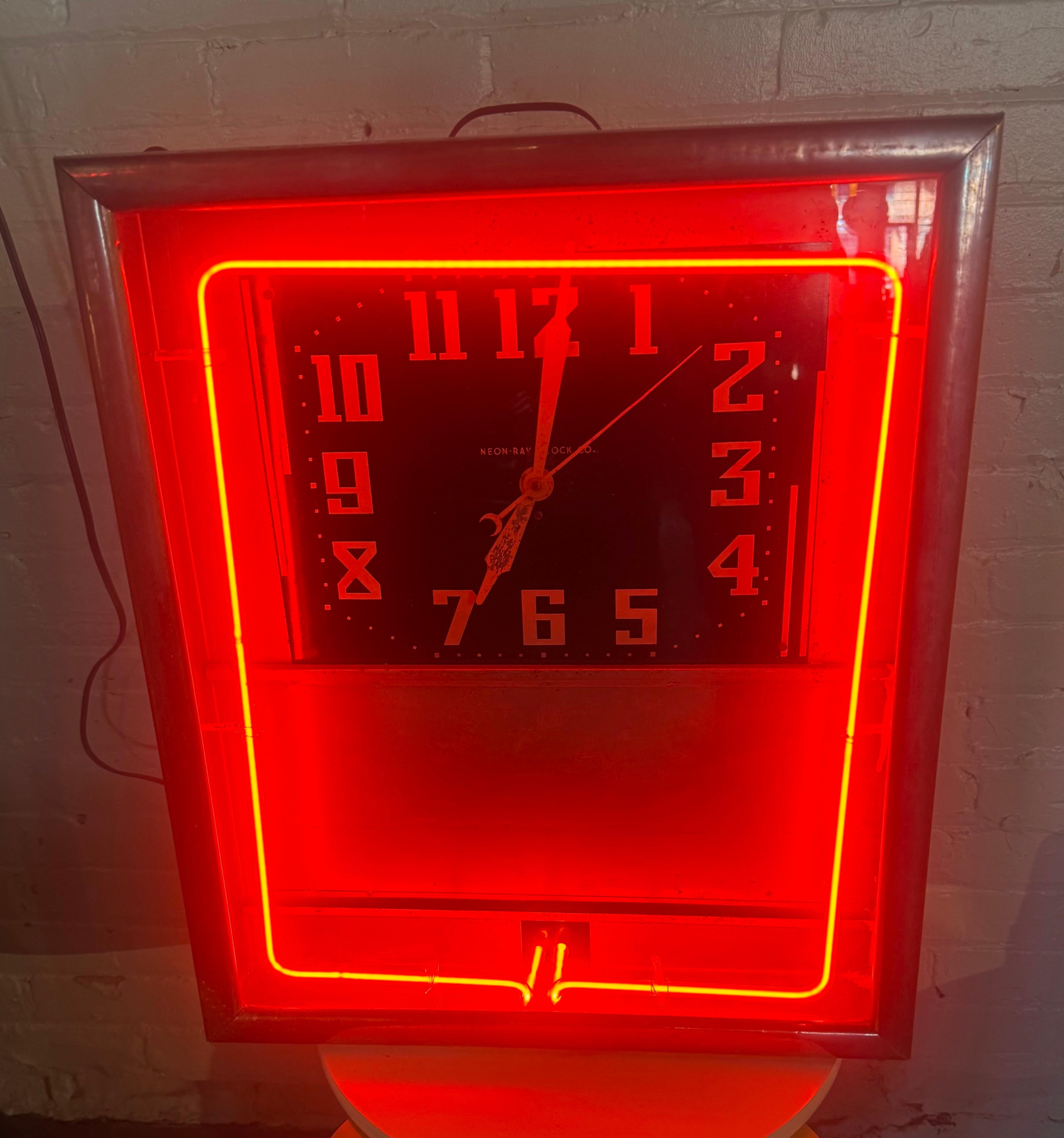 .Classic 1930's /40's Art Deco Red Neon Advertizing Clock. Great style and design.. All original ,unmolested condition, Clock tested and in working order. keep's perfect time.. Retains original TELECRON clock movement, (spin to start) sweeping